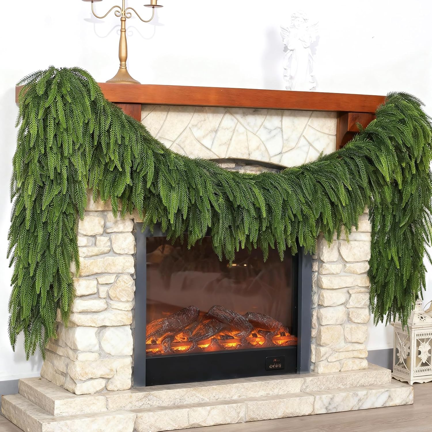 Artificial Christmas Norfolk Pine Garland for Fireplace Decor | Lifelike Faux Pine Needles Garland Fake Greenery Garland, for Table Window Stairs Mantle Xmas Holiday Indoor Home Decoration