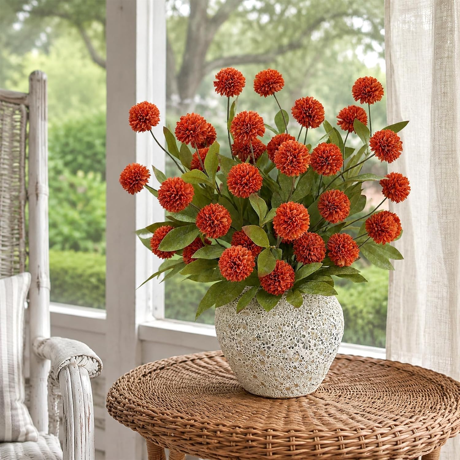 6 Pcs 27" Artificial Fall Pompon Mum Flower Stems for Vase (Orange) | Bulk Fake Chrysanth Branches Faux Silk Flowers,for DIY Bouquet Centerpieces Wedding Filler Arrangements