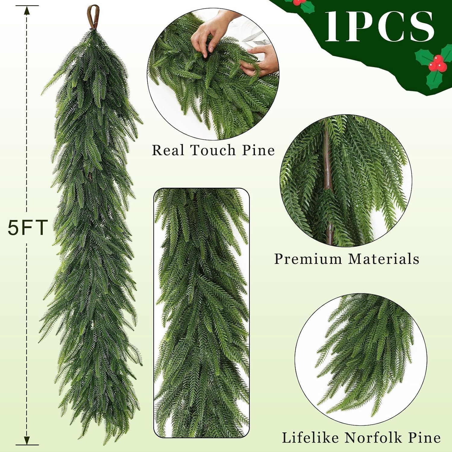 Artificial Christmas Norfolk Pine Garland for Fireplace Decor | Lifelike Faux Pine Needles Garland Fake Greenery Garland, for Table Window Stairs Mantle Xmas Holiday Indoor Home Decoration