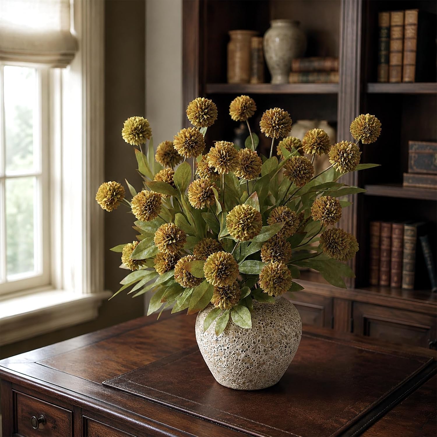 6 Pcs 27"Artificial Fall Pompon Mum Flower Stems for Vase (Autumn Orange) | Bulk Fake Chrysanth Branches Faux Silk Flowers, for DIY Bouquet Centerpieces