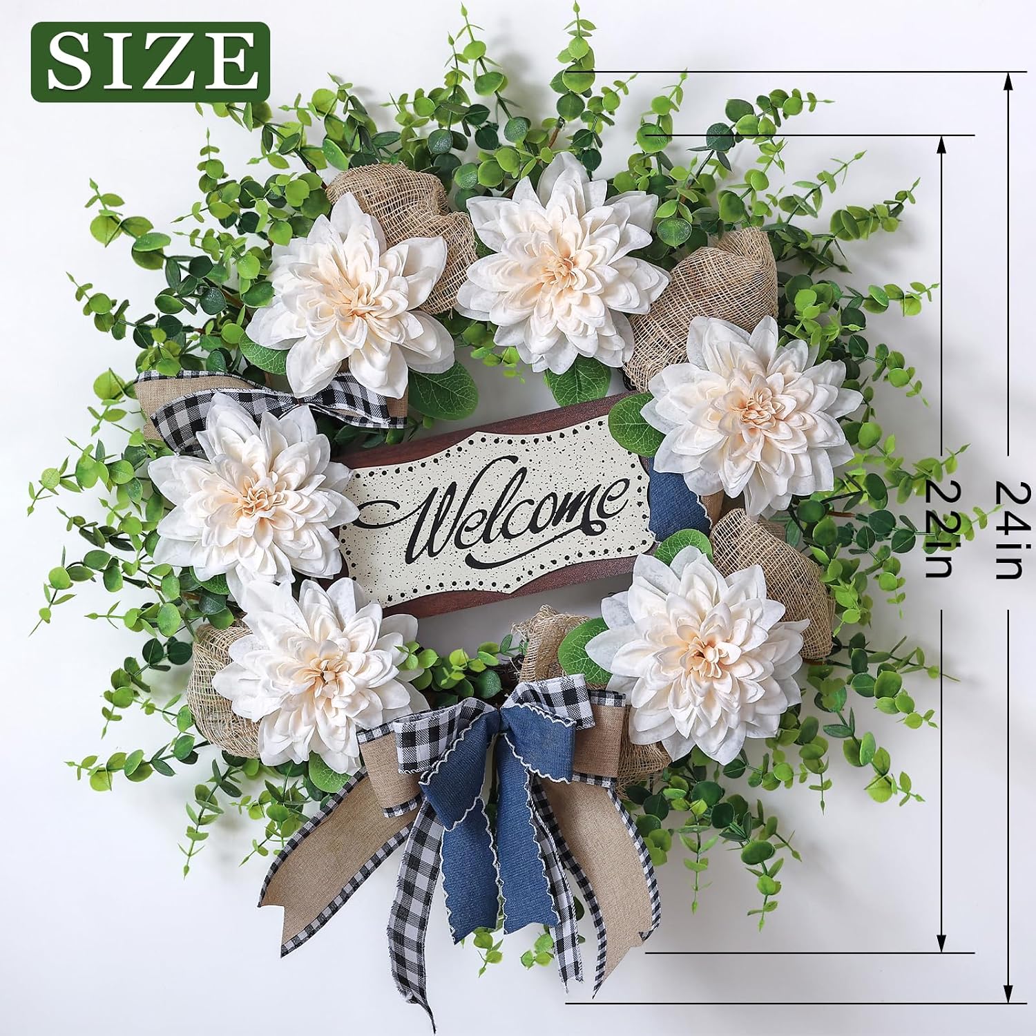 24" Artificial Dahlia Flower and Eucalyptus Wreath for Front Door (White) | Fake Flower & Eucalyptus Wreath with Blessed Sign,Faux Greenery Wreath,for Porch Home Outdoor Farmhouse Spring Summer Decor