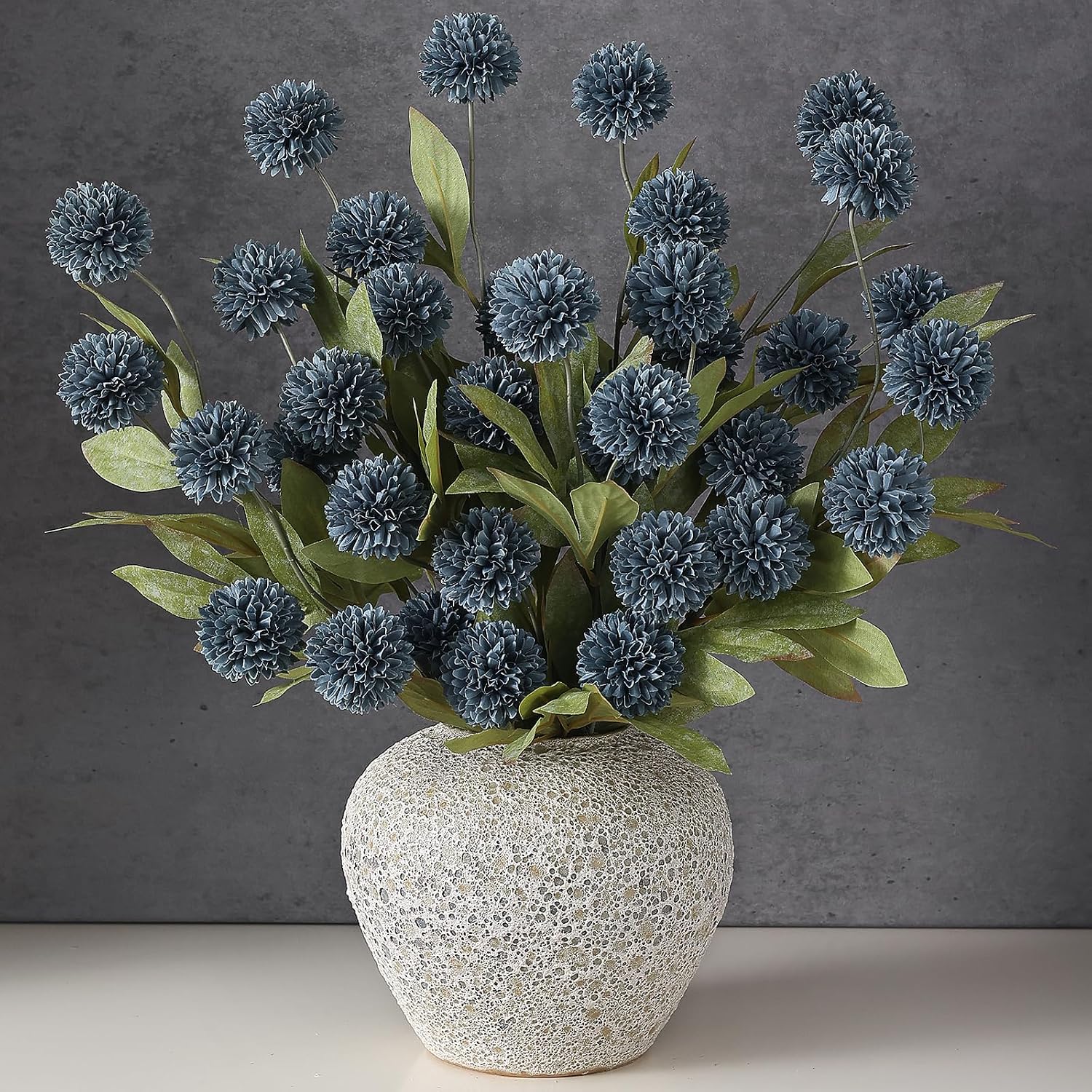 6 Pcs 27"Artificial Pompon Mum Silk Flower Stems for Vase (Dark Blue) | Bulk Fake Chrysanth Branches Faux Silk Flowers, for DIY Bouquet Centerpieces Wedding Filler Arrangements Shower Decor