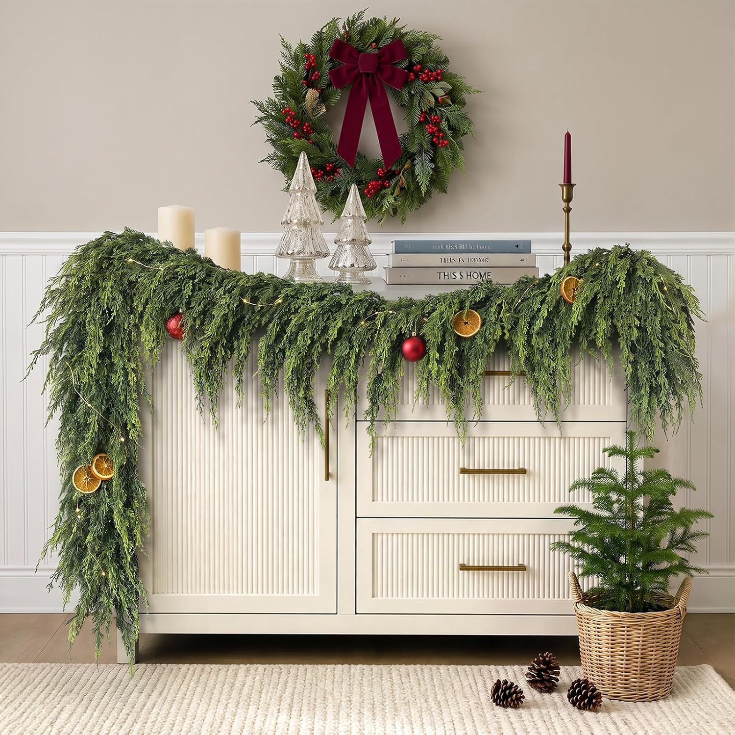 16FT 1Pcs Artificial Cedar Pine Garland Christmas Greenery for Stairs Decor | Full and Thick Faux Greenery Garland, Fake Cedar Pine for Fireplace Stairs Door Window Table Farmhouse Home Decoration