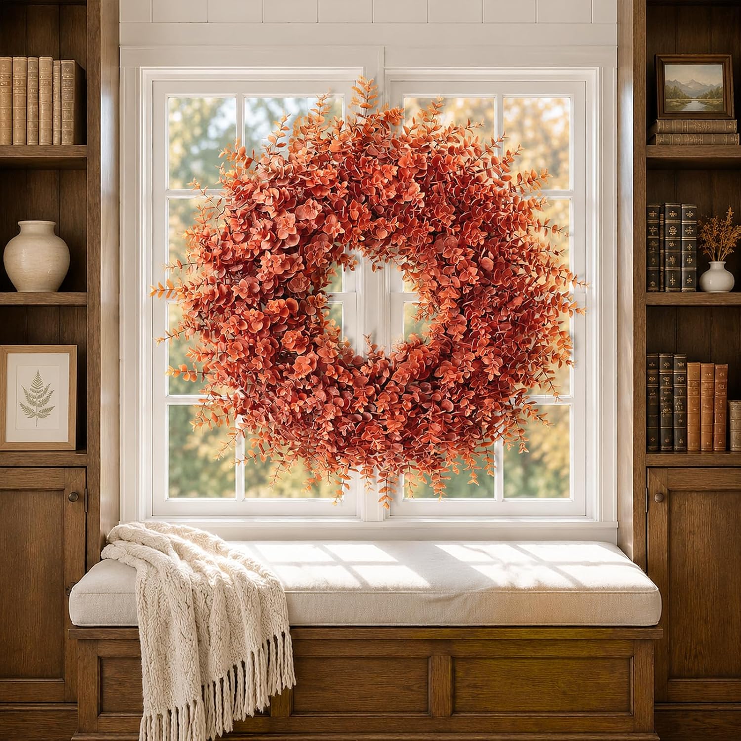 26" Artificial Fall Eucalyptus Wreath for Front Door Decoration (Orange) | Lush Fake Eucalyptus Leaves Outdoor Wreath,for Window Porch Home Farmhouse Thanksgiving Day Harvest Festival Autumn Decor