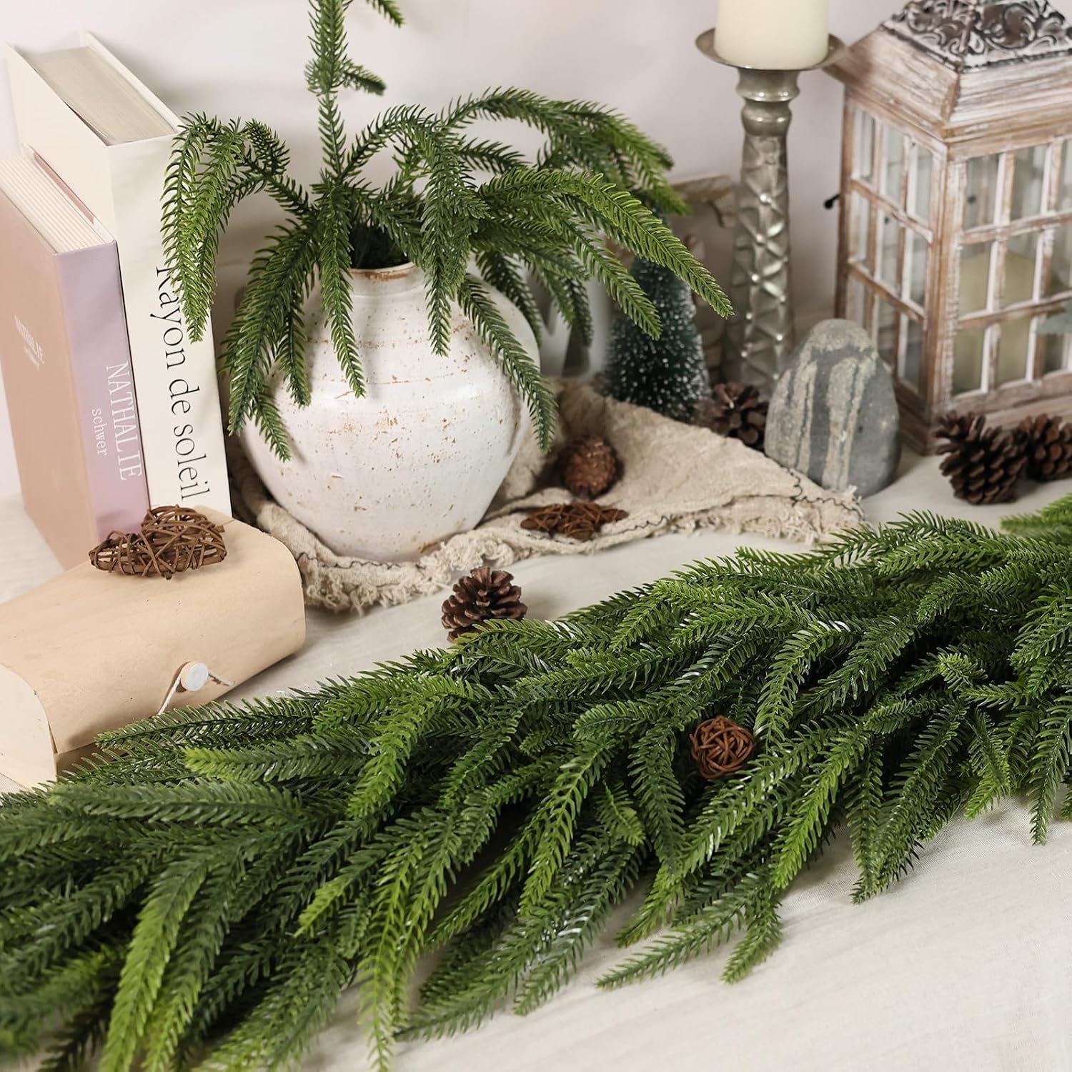 Artificial Christmas Norfolk Pine Garland for Fireplace Decor | Lifelike Faux Pine Needles Garland Fake Greenery Garland, for Table Window Stairs Mantle Xmas Holiday Indoor Home Decoration