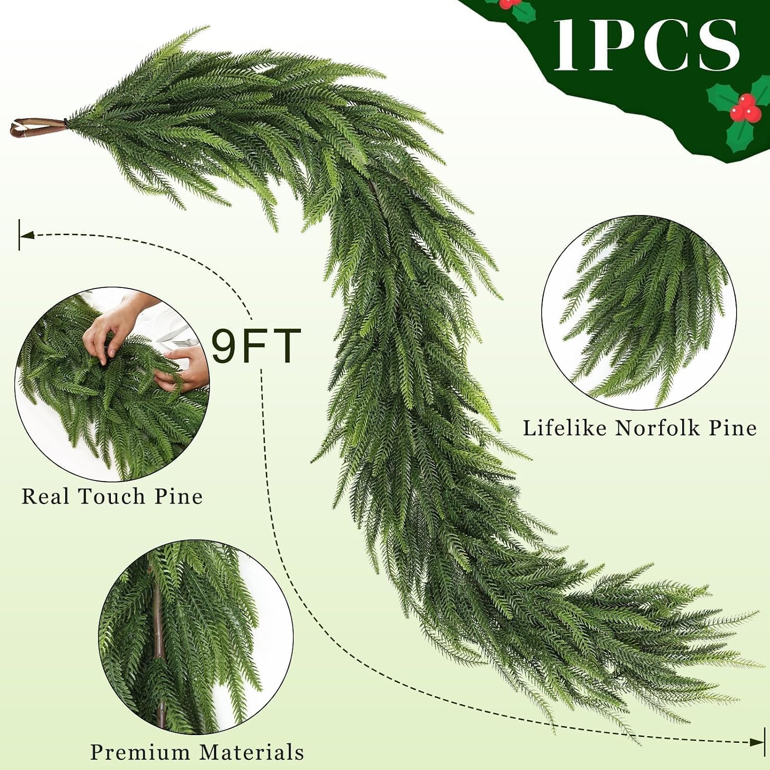 Artificial Christmas Norfolk Pine Garland for Fireplace Decor | Lifelike Faux Pine Needles Garland Fake Greenery Garland, for Table Window Stairs Mantle Xmas Holiday Indoor Home Decoration