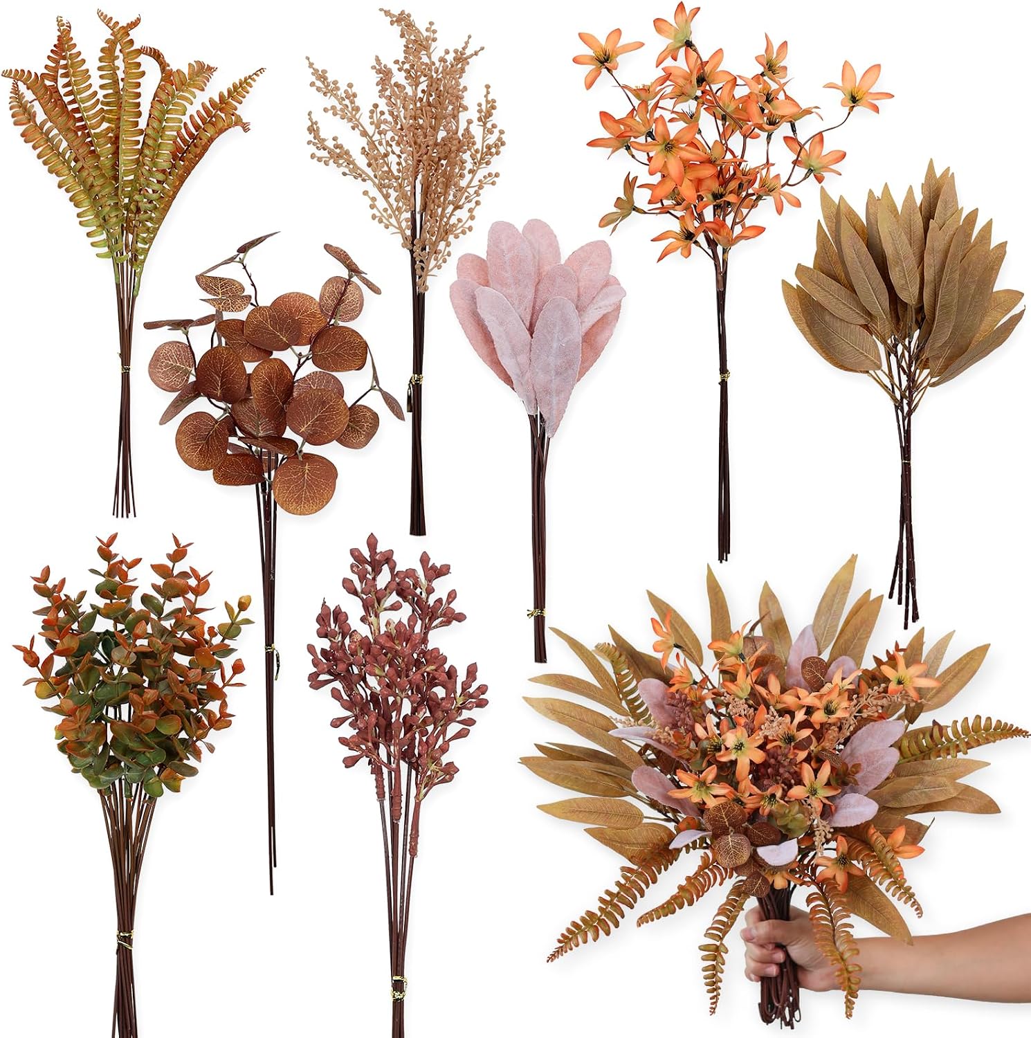 70PCS 8 Kinds Artificial Greenery Stems Box Set for Fall(Brown & Orange) | Realistic Faux Plants and Fake Flowers,for Autumn DIY Bouquet Table Centerpieces and Floral Arrangement Decor