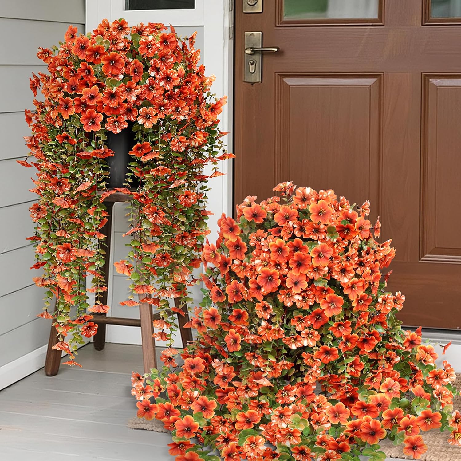 2 Sets Artificial Fall Hanging Flowers Topiary Ball Trees for Forch(Orange) | with Pots,No-Installation,Faux Petunia with Eucalyptus,for Outside Front Door Garden Farmhouse Home Thanksgiving Autumn Decor