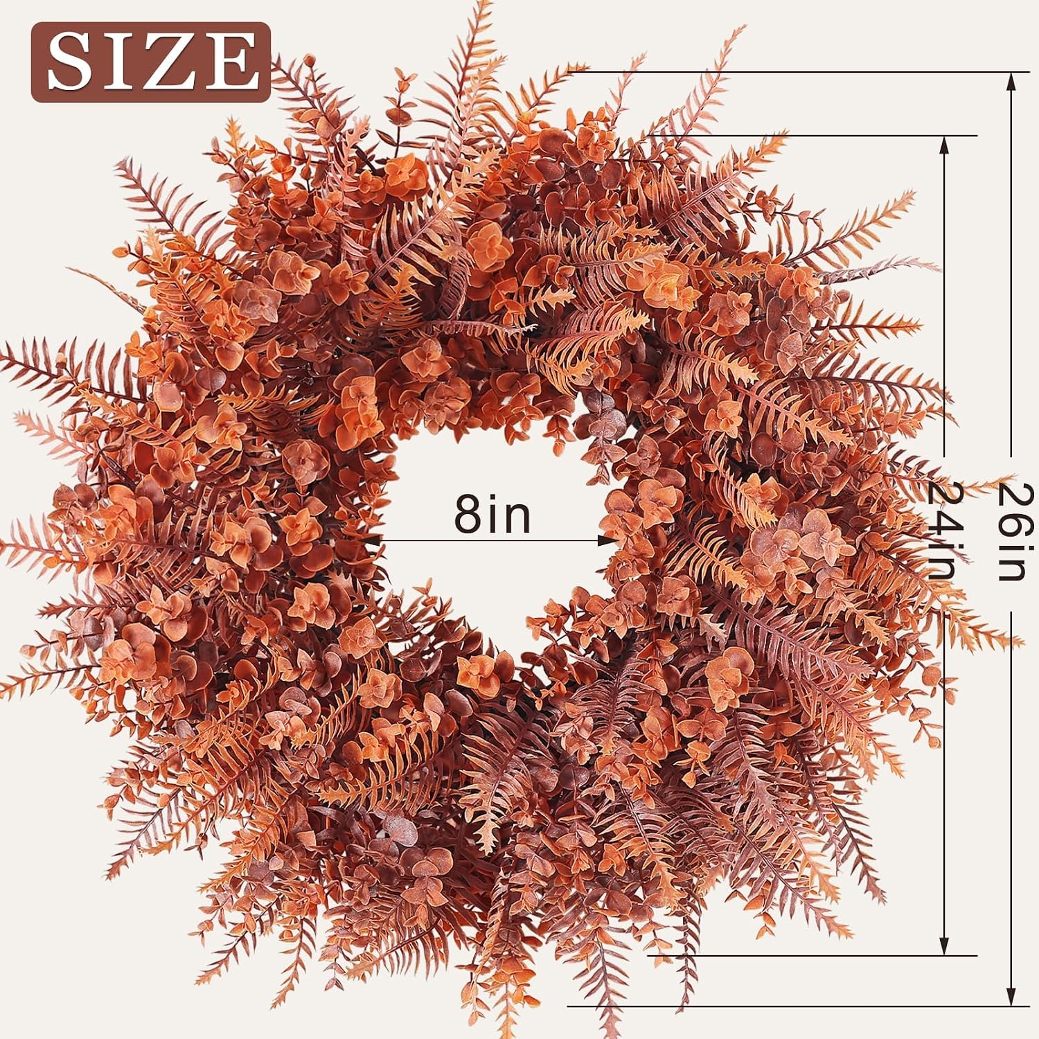 26" Artificial Fall Eucalyptus & Fern Wreath for Front Door Decor(Orange) | Realistic Faux Autumn Plant Outdoor Wreath, for Front Porch Farmhouse Window Fireplace Wall Thanksgiving & Harvest Home Decor