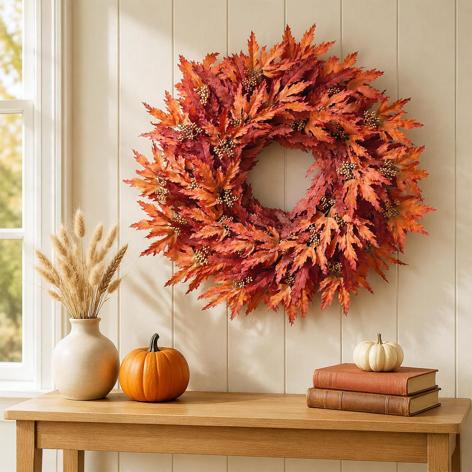 26" Artificial Fall Maple Leaves Wreath for Front Door Decoration (Orange) | Fake Maple Leaves with Seeds Wreath, Faux Autumn Outdoor Wreath