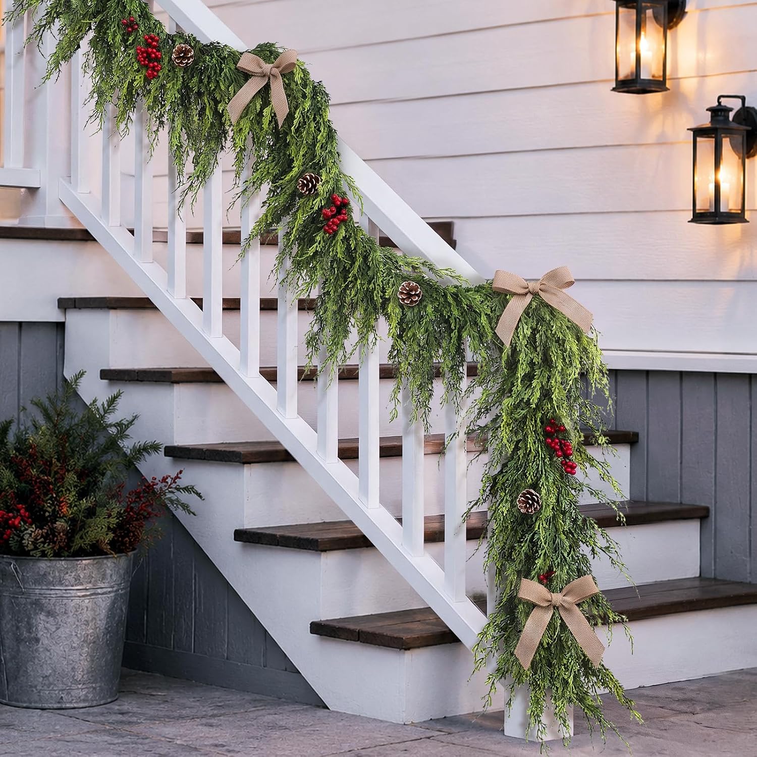 16FT 1Pcs Artificial Cedar Pine Garland Christmas Greenery for Stairs Decor | Full and Thick Faux Greenery Garland, Fake Cedar Pine for Fireplace Stairs Door Window Table Farmhouse Home Decoration