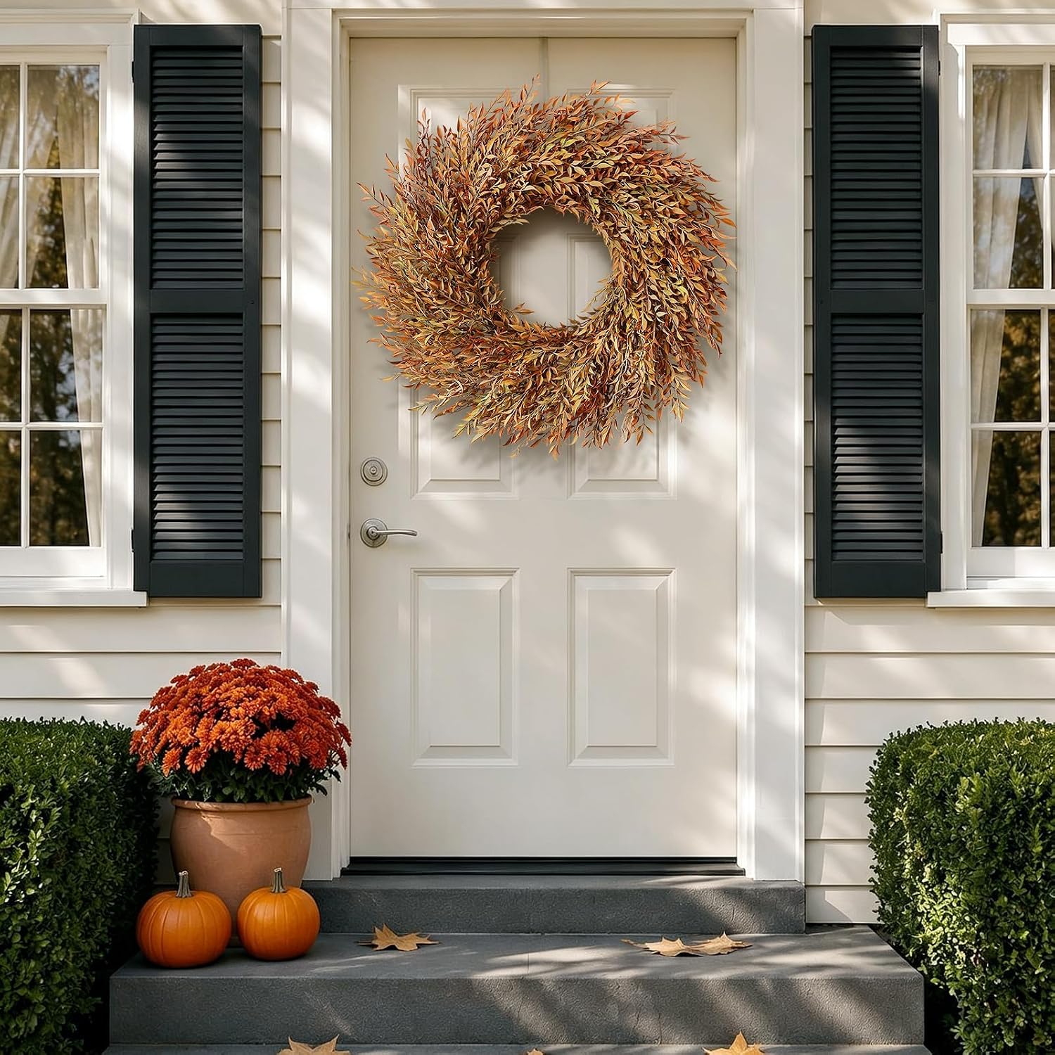 26" Artificial Fall Nandina Wreath for Front Door Decoration (Orange-Green) | Faux Large Autumn Wreath Fake Boxwood Wreath,for Window Front Porch Fireplace