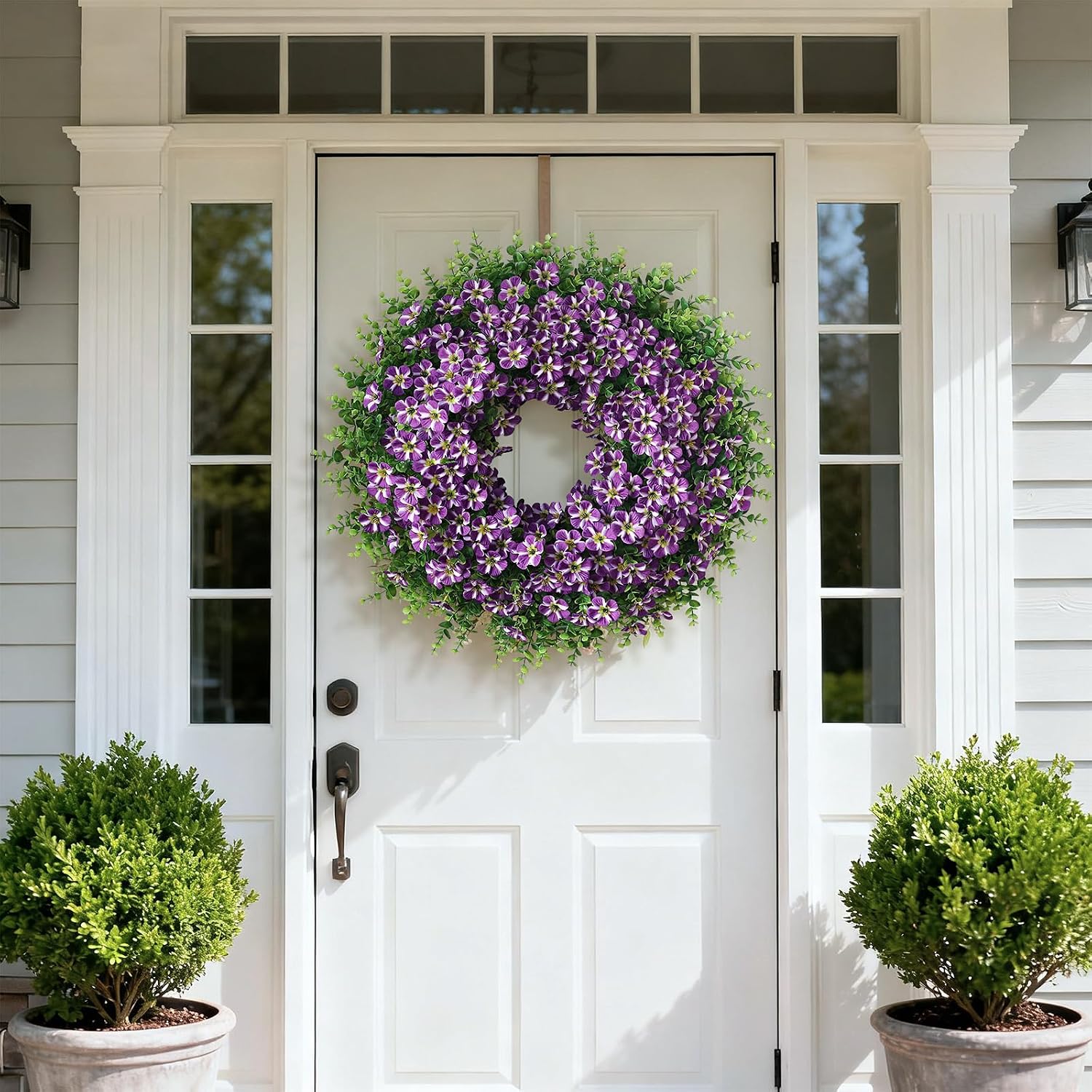 26" Artificial Eucalyptus with Flowers Wreath for Front Door | Large Faux Eucalyptus & Morning Glory Flowers Wreath,Silk Flowers,for Home Front Porch Farmhouse Spring Summer Outdoor Decor