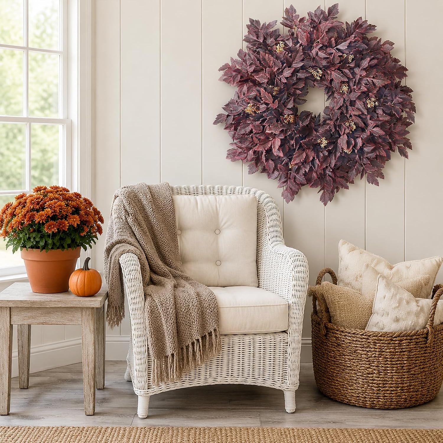 26" Artificial Cimicifuga Fall Wreath for Halloween Front Door(Dark Purple) | Realistic Large Fake Cimicifuga Leaf,Lush Faux Halloween Wreath