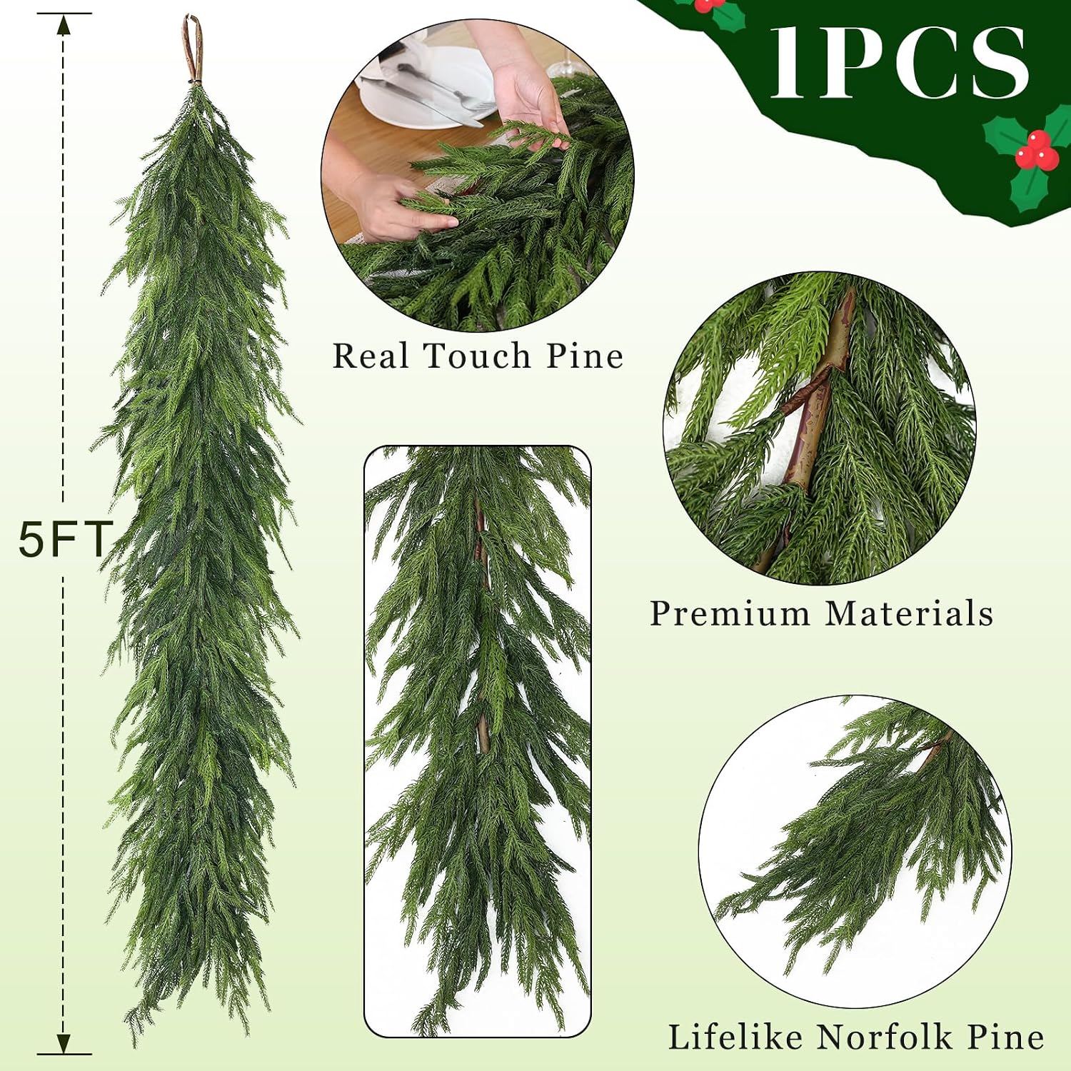 Lifelike Touch Artificial Norfolk Pine Garland for Christmas | Realistic Fake Pine Needles Garland Faux Greenery Garland, for Fireplace Stairs Table Window Mantle Xmas Holiday Indoor Decor