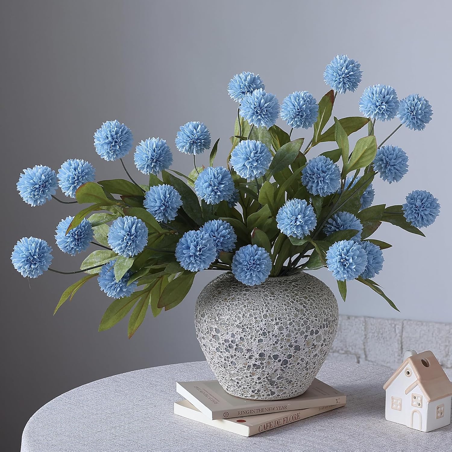 6 Pcs 27"Artificial Pompon Mum Silk Flower Stems for Vase (Dusty Blue) | Bulk Fake Chrysanth Branches Faux Silk Flowers, for DIY Bouquet Centerpieces Wedding Filler Arrangements Shower Decor