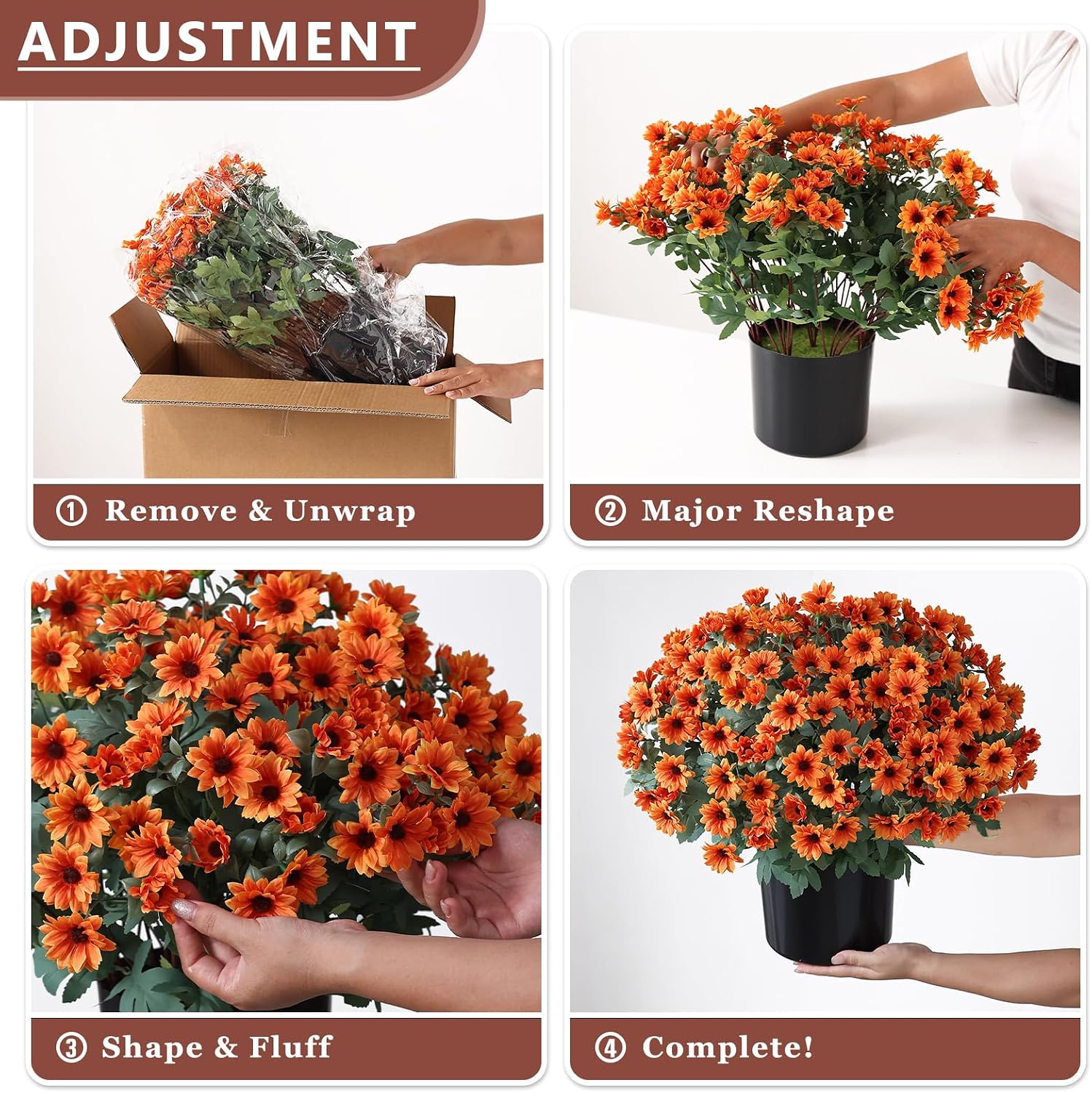 2 Pcs Artificial Fall Daisy Topiary Ball Trees Fake Mums for Porch (Orange) | with Pots,No Assembly Required,UV Resistant Faux Daisy Autumn Potted Plant