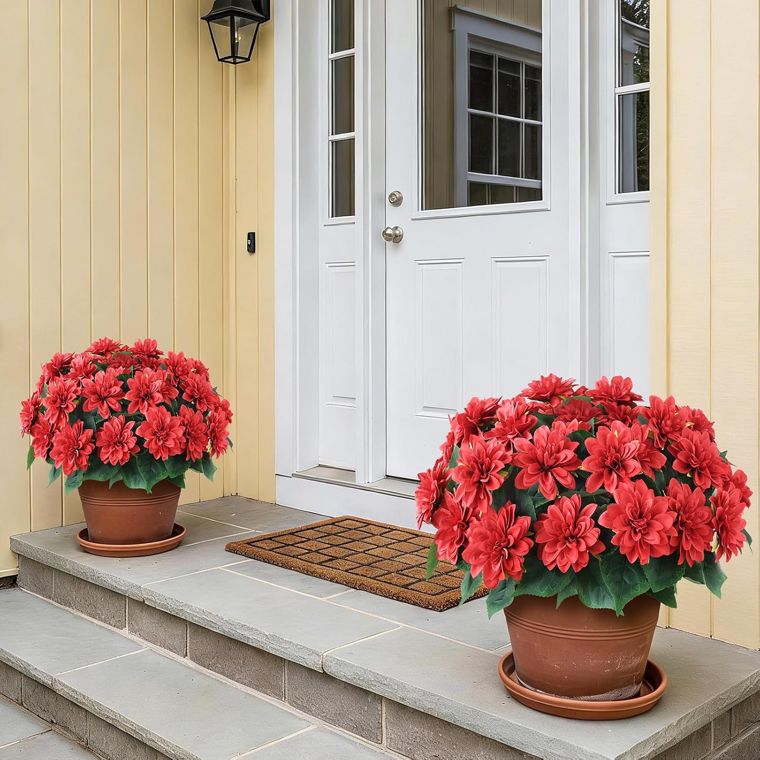 8 Bundles 17" Artificial Dahlia Flowers for Front Door Decor (Red) | Realistic Fake Silk Flower Faux Dahlias Plant, for Front Porch Home Garden Balcony Farmhouse Spring Summer Outdoor Decor