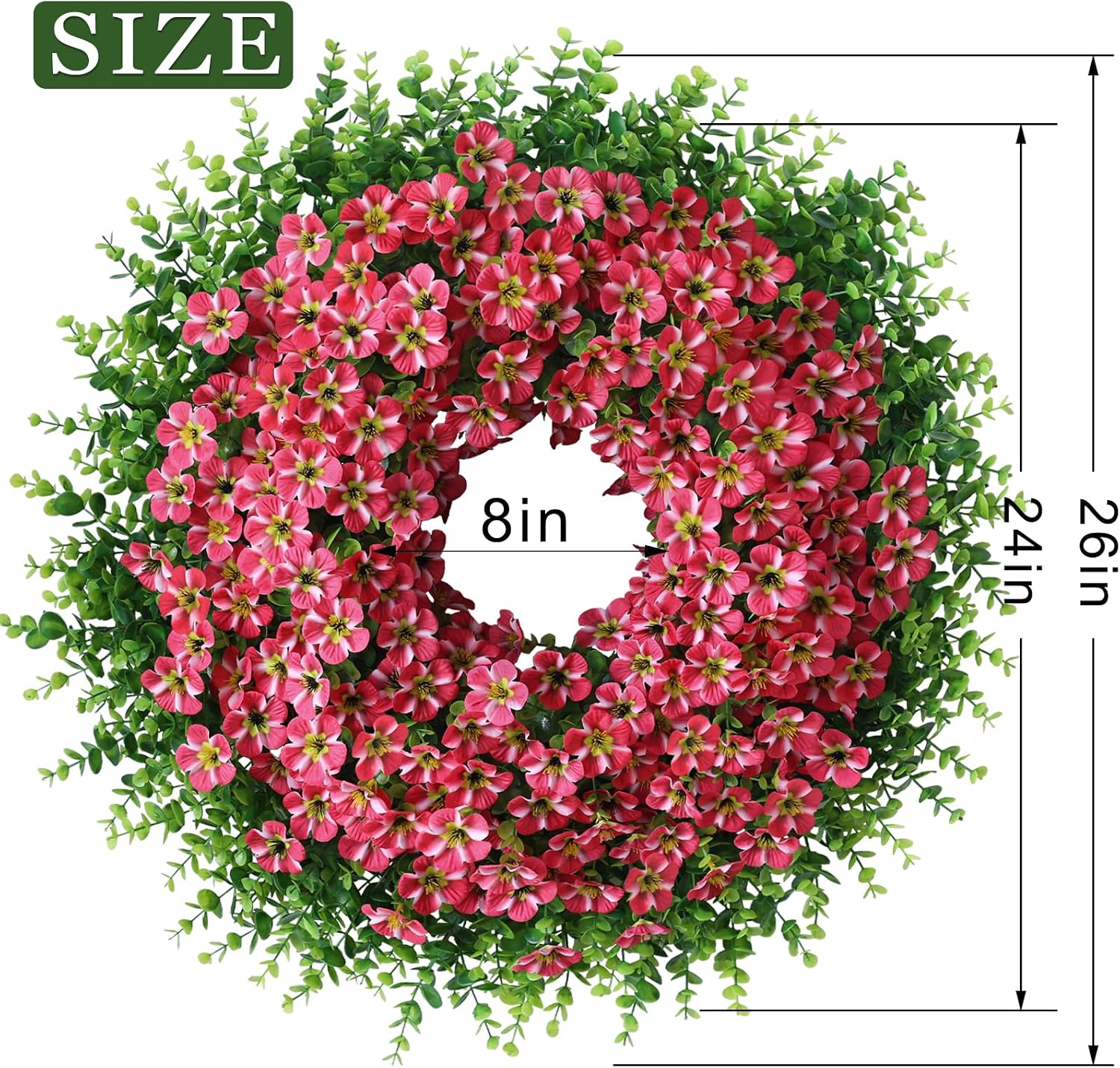 26" Artificial Eucalyptus with Flowers Wreath for Front Door (Rose Red) | Large Faux Eucalyptus & Morning Glory Flowers Wreath,Silk Flowers,for Home Front Porch Farmhouse Spring Summer Outdoor Decor
