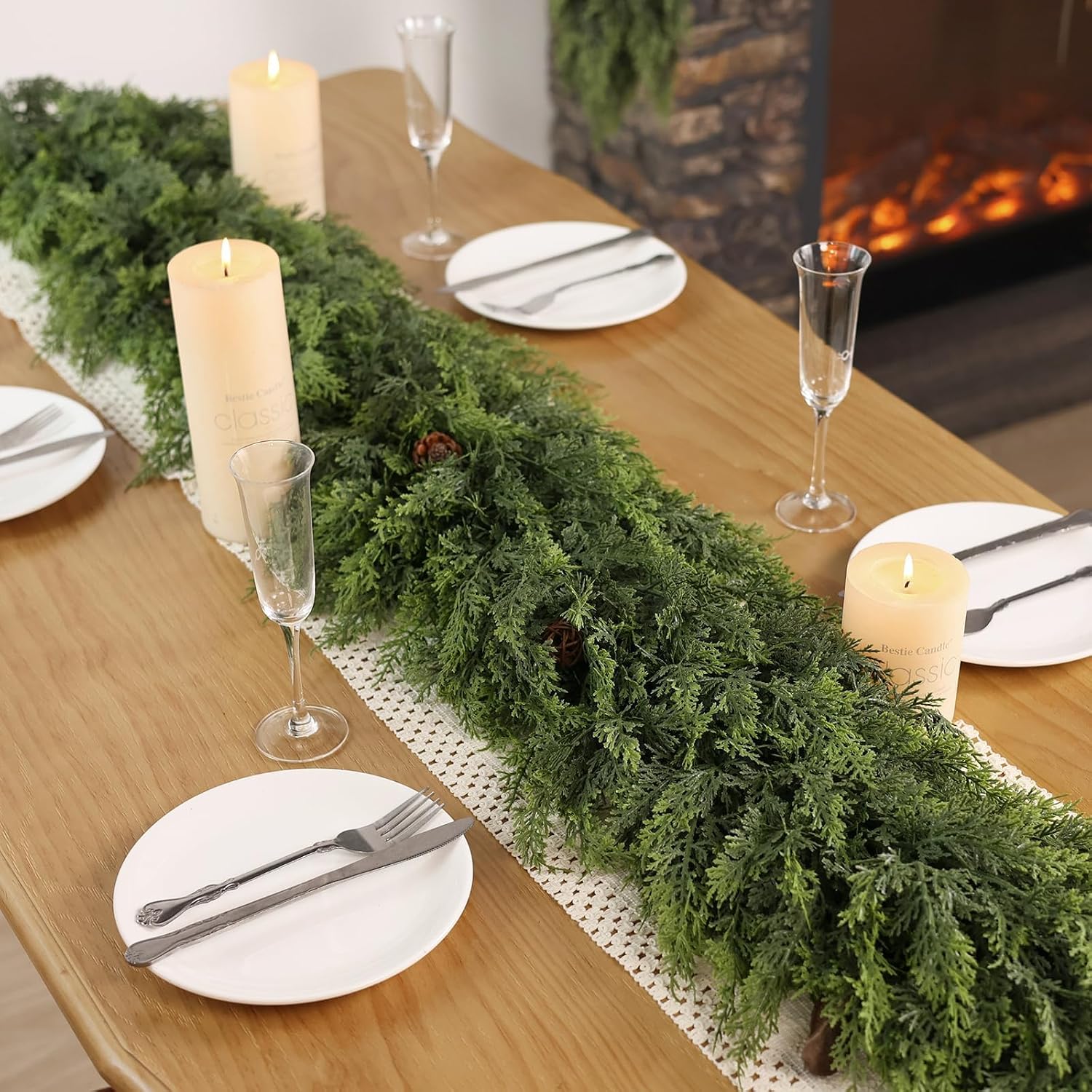 Artificial Christmas Cedar Garland Faux Greenery for Mantle Decor | Lifelike Fake Pine Needles Garland, Fake Green Garland, for Fireplace Table Window Stairs Holiday Xmas Indoor Home Decoration