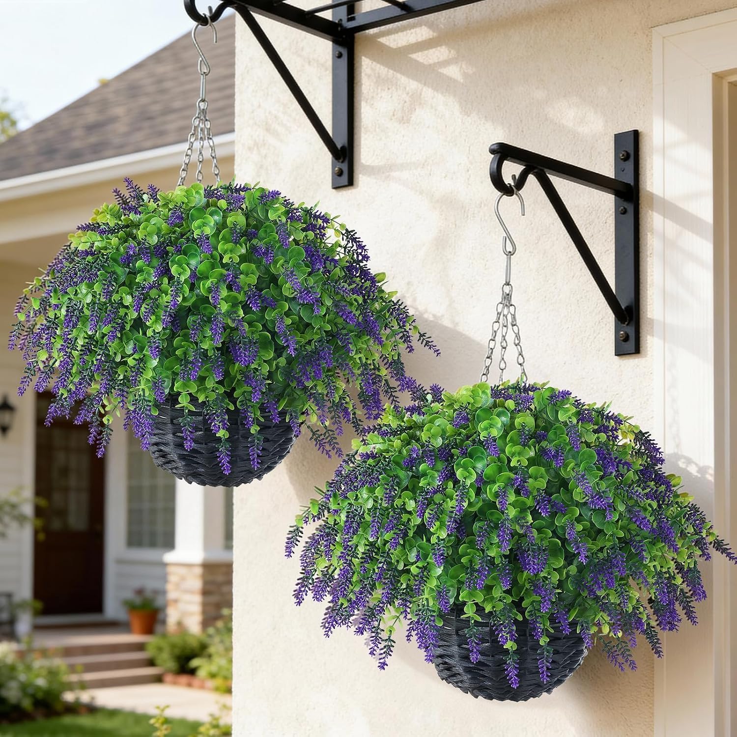 2 Pcs Artificial Eucalyptus&Lavender Hanging Basket for Porch(Purple-Green) | No Assembly Needed, UV-Resistant Fake Flower Hanging Basket, for Front Door Eaves Home Garden Farmhouse Yard Outdoor Decor