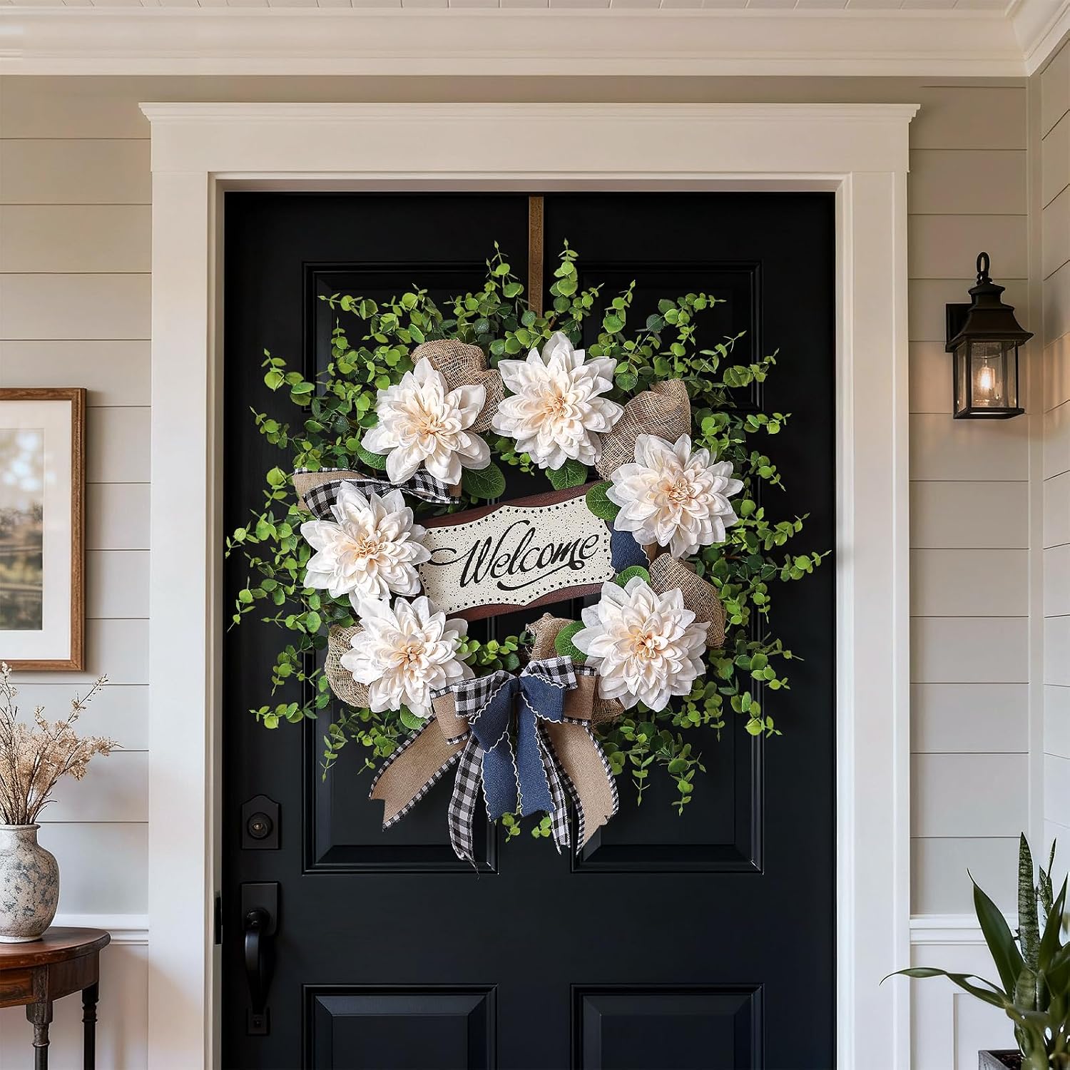 24" Artificial Dahlia Flower and Eucalyptus Wreath for Front Door (White) | Fake Flower & Eucalyptus Wreath with Blessed Sign,Faux Greenery Wreath,for Porch Home Outdoor Farmhouse Spring Summer Decor