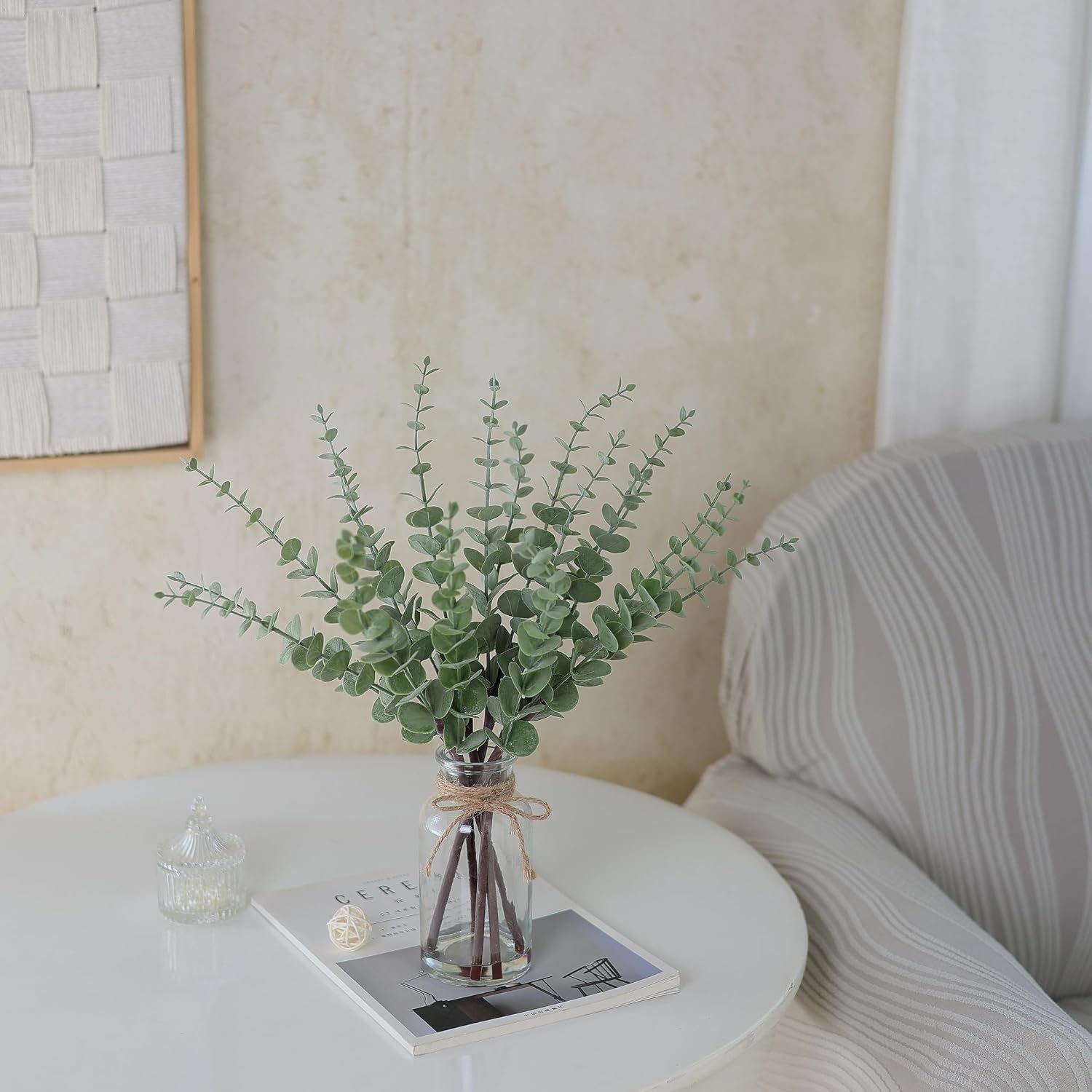 17.5" Artificial Eucalyptus Stems in Glass Vase with Faux Water(Sage Green) | Realistic Fake Plants Faux Eucalyptus Leaves with Glass Vase, for Centerpiece Table Farmhouse Wedding Home Greenery Decor
