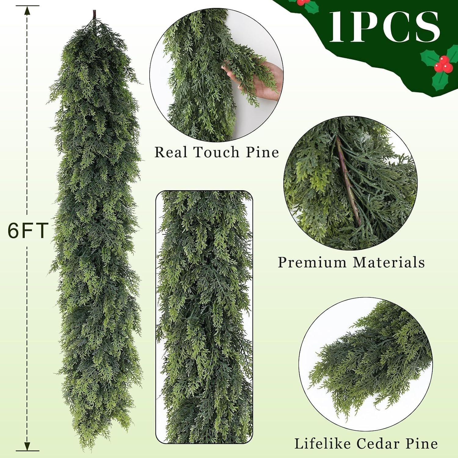 Artificial Christmas Cedar Garland Faux Greenery for Mantle Decor | Lifelike Fake Pine Needles Garland, Fake Green Garland, for Fireplace Table Window Stairs Holiday Xmas Indoor Home Decoration