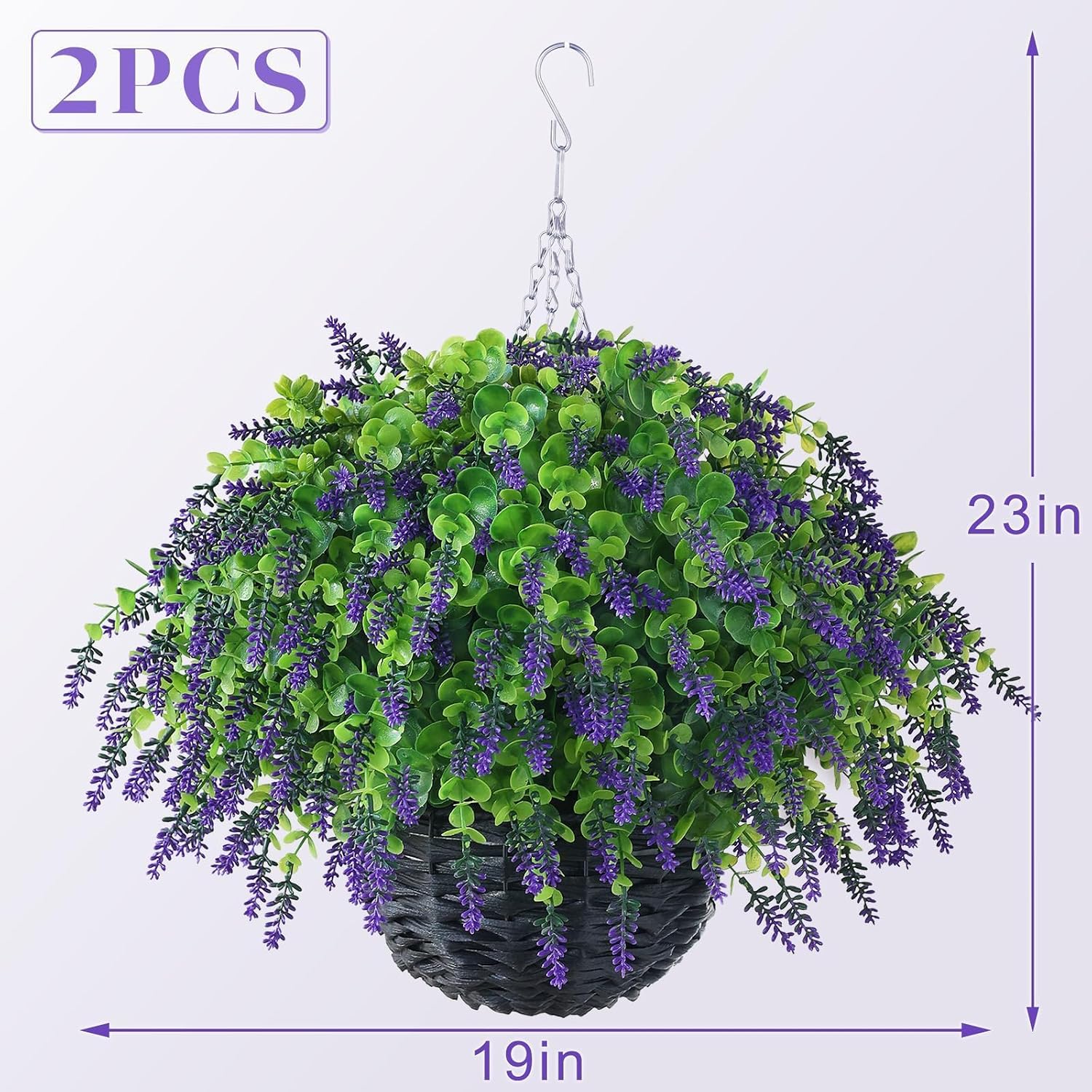 2 Pcs Artificial Eucalyptus&Lavender Hanging Basket for Porch(Purple-Green) | No Assembly Needed, UV-Resistant Fake Flower Hanging Basket, for Front Door Eaves Home Garden Farmhouse Yard Outdoor Decor