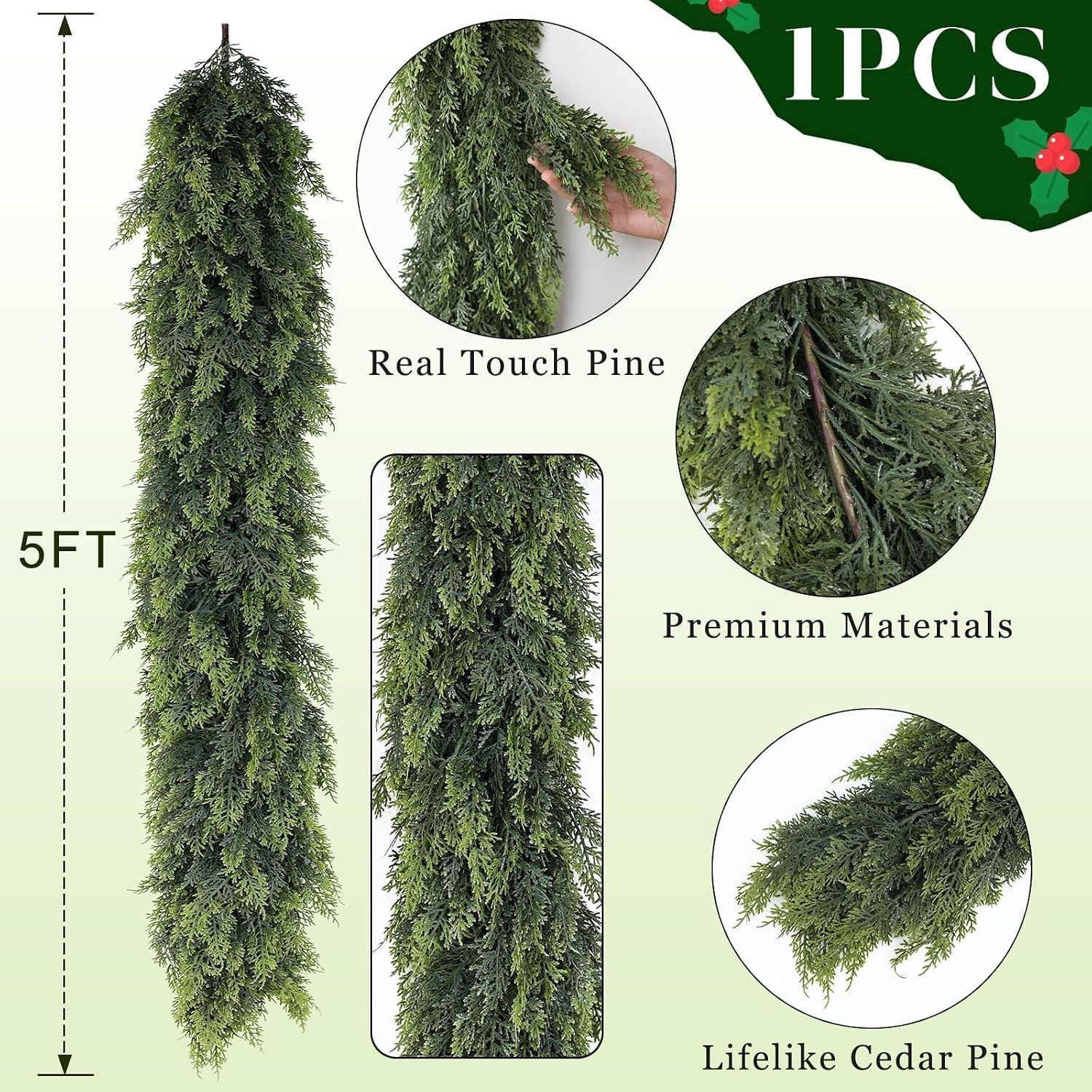 Artificial Christmas Cedar Garland Faux Greenery for Mantle Decor | Lifelike Fake Pine Needles Garland, Fake Green Garland, for Fireplace Table Window Stairs Holiday Xmas Indoor Home Decoration