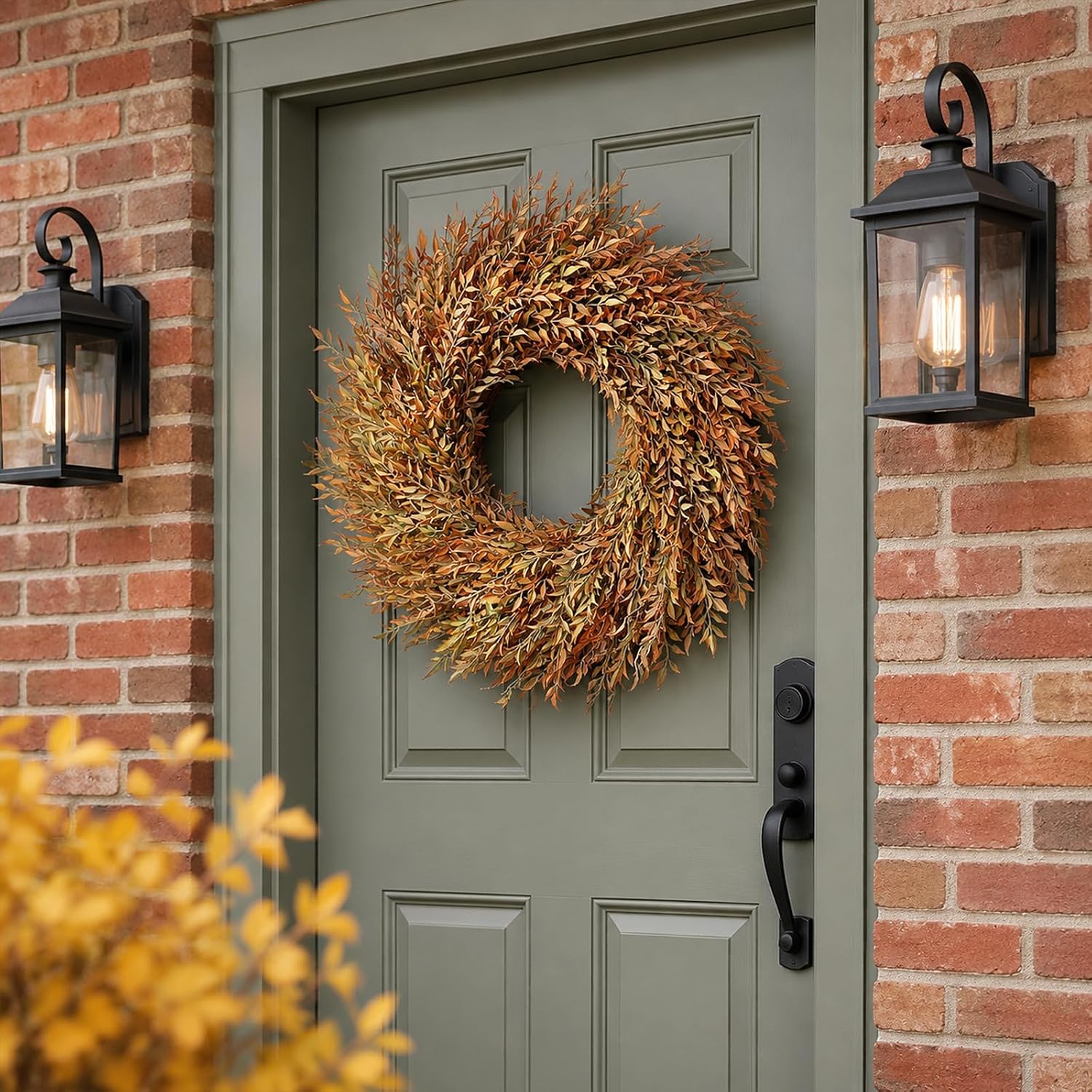 26" Artificial Fall Nandina Wreath for Front Door Decoration (Orange-Green) | Faux Large Autumn Wreath Fake Boxwood Wreath,for Window Front Porch Fireplace