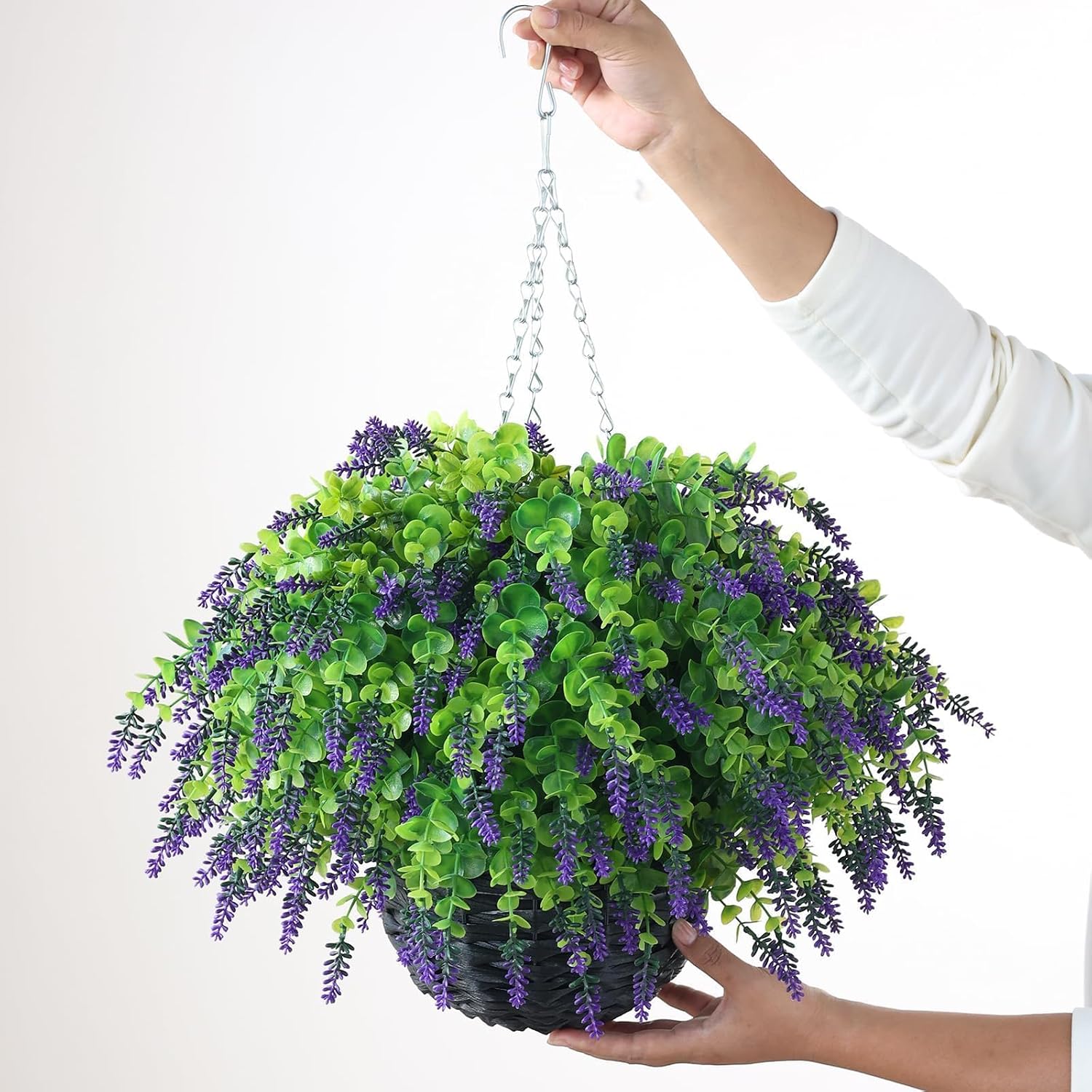 2 Pcs Artificial Eucalyptus&Lavender Hanging Basket for Porch(Purple-Green) | No Assembly Needed, UV-Resistant Fake Flower Hanging Basket, for Front Door Eaves Home Garden Farmhouse Yard Outdoor Decor