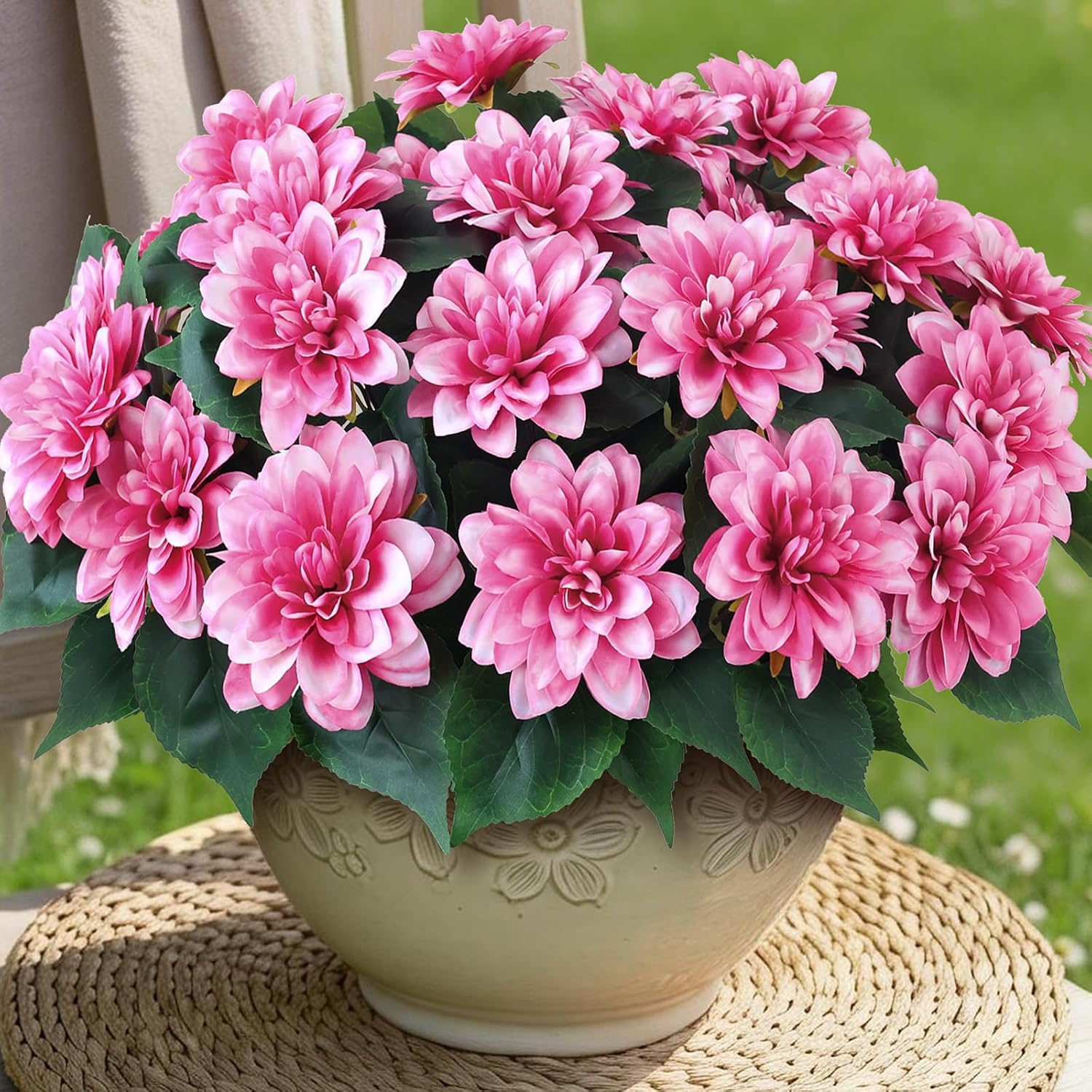 8 Bundles 17" Artificial Dahlia Flowers for Front Door Decor (Pink) | Realistic Fake Silk Flower Faux Dahlias Plant, for Front Porch Home Garden Balcony Farmhouse Spring Summer Outdoor Decor