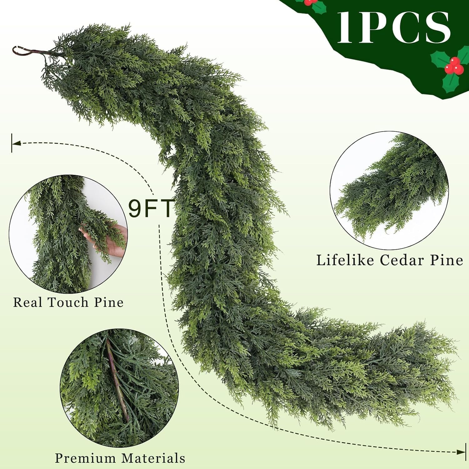 Artificial Christmas Cedar Garland Faux Greenery for Mantle Decor | Lifelike Fake Pine Needles Garland, Fake Green Garland, for Fireplace Table Window Stairs Holiday Xmas Indoor Home Decoration