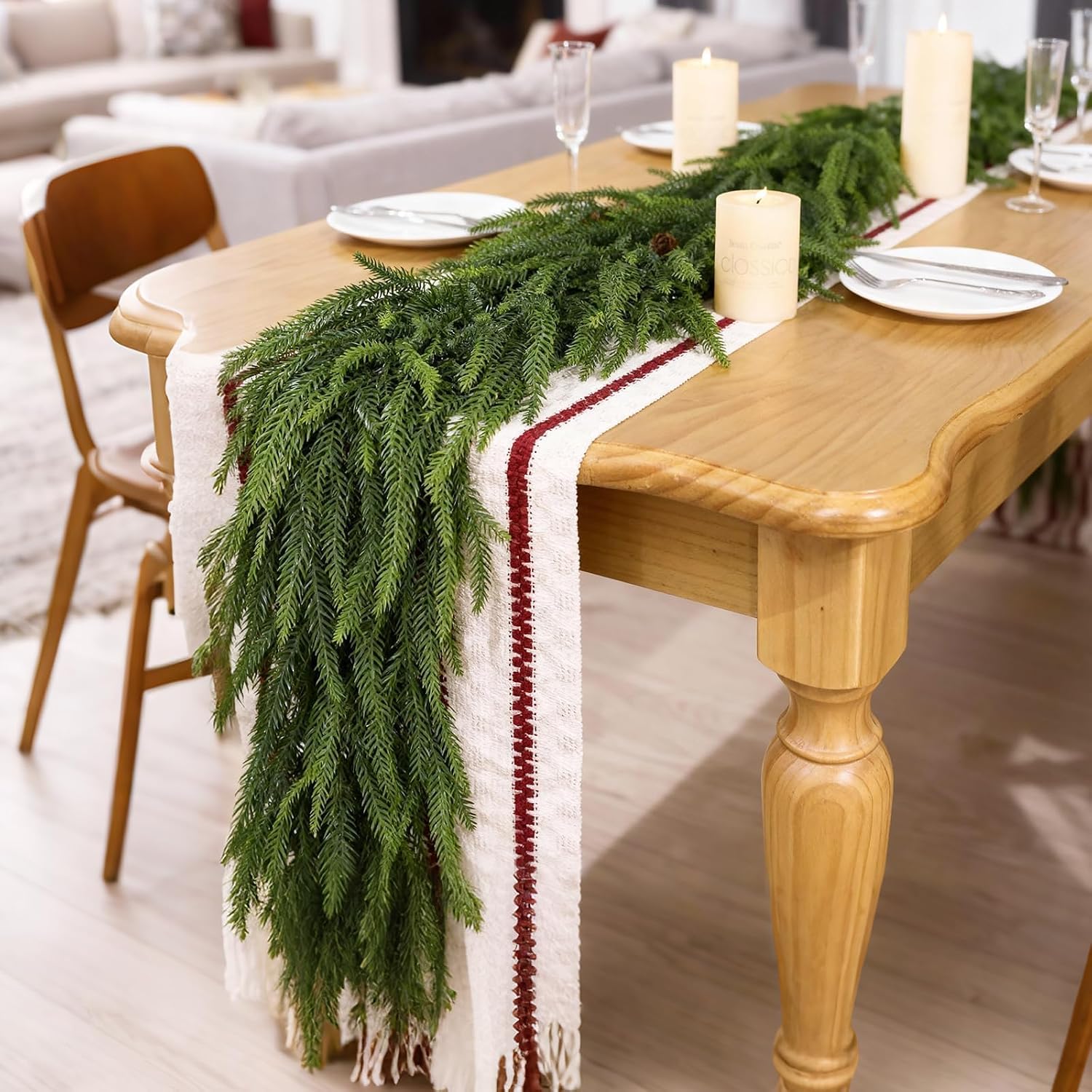 Artificial Christmas Norfolk Pine Garland for Fireplace Decor | Lifelike Faux Pine Needles Garland Fake Greenery Garland, for Table Window Stairs Mantle Xmas Holiday Indoor Home Decoration