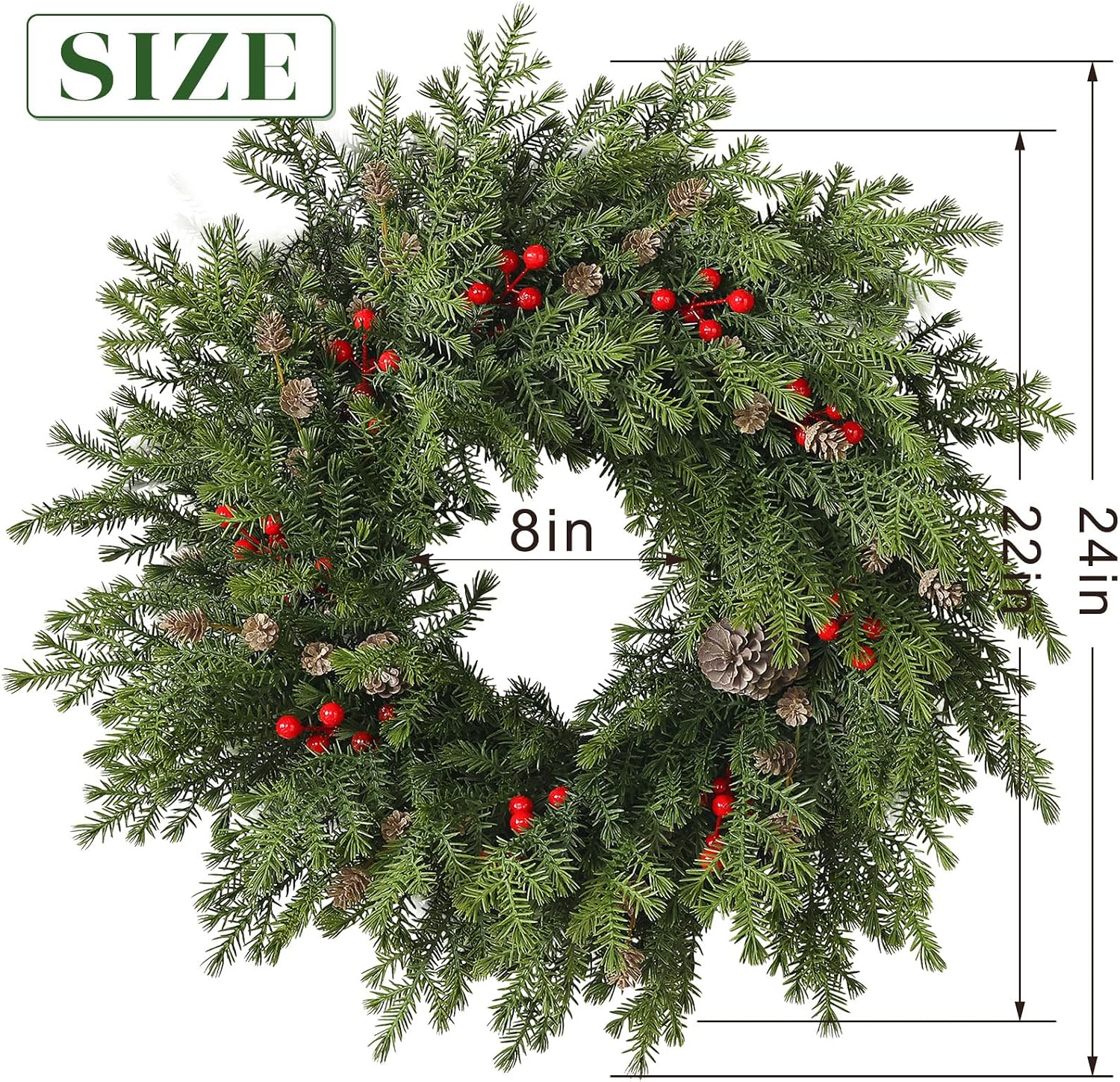 24"Artificial Norfolk Pine Wreath with Berry for Christmas Front Door Decor | Lifelike Full Wreath, Faux Greenery Cedar Wreath, for Front Door Porch Wall Window Farmhouse Outdoor Xmas Winter Decoration