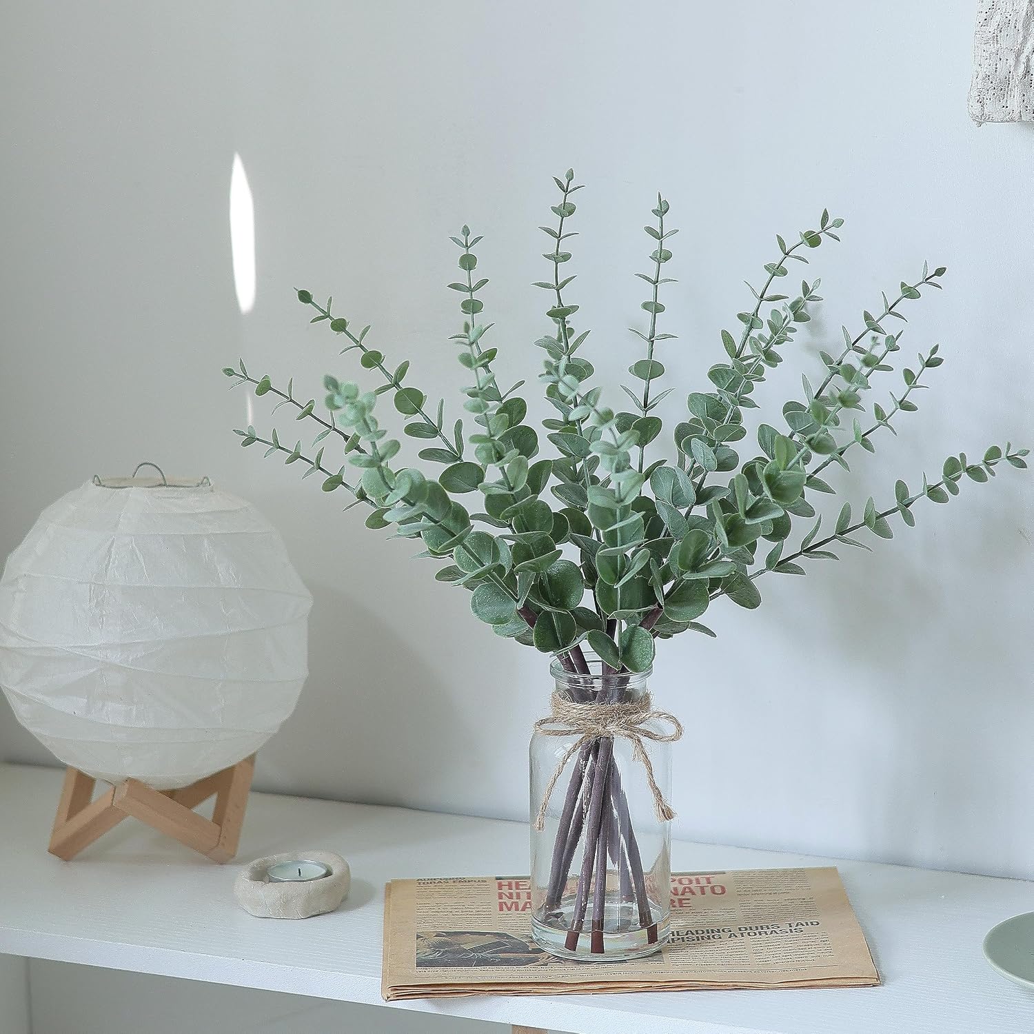 17.5" Artificial Eucalyptus Stems in Glass Vase with Faux Water(Sage Green) | Realistic Fake Plants Faux Eucalyptus Leaves with Glass Vase, for Centerpiece Table Farmhouse Wedding Home Greenery Decor