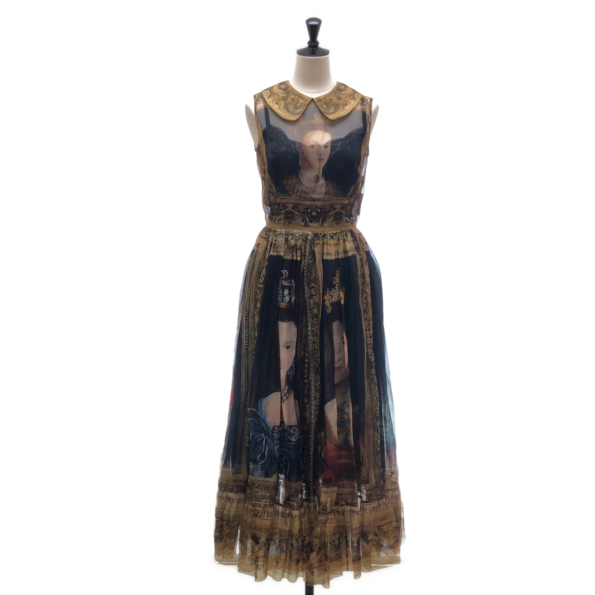DOLCE＆GABBANA / ドルチェ＆ガッバーナドルガバ | Queen print Organza シルク ラウンドカラー ワンピース | 36 | レディース