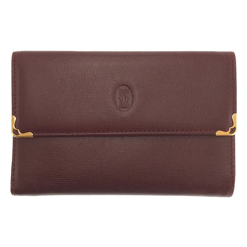 カルティエ Cartier 財布 3つ折り財布 レザー ボルドー×ゴールド