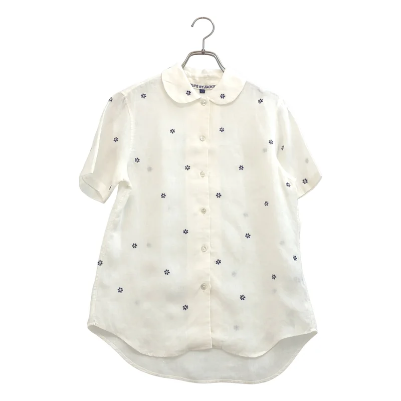jupe by jackie / ジュップバイジャッキー | リネン フラワー刺しゅう ラウンドカラー 半袖シャツ | XS | レディース