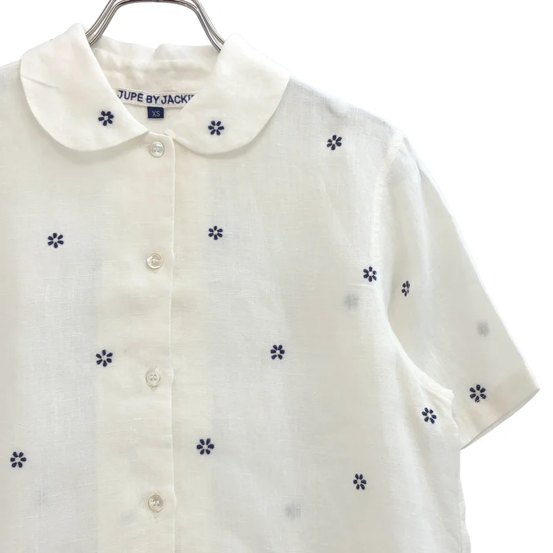 jupe by jackie / ジュップバイジャッキー | リネン フラワー刺しゅう ラウンドカラー 半袖シャツ | XS | レディース