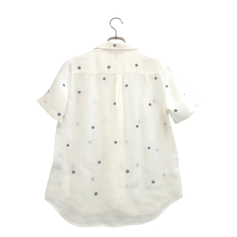 jupe by jackie / ジュップバイジャッキー | リネン フラワー刺しゅう ラウンドカラー 半袖シャツ | XS | レディース
