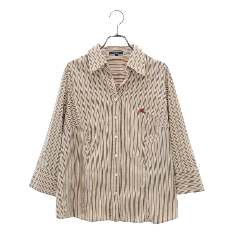 BURBERRY LONDON / バーバリーロンドン | コットン ストライプ ロゴ刺しゅう オープンカラー 七分袖シャツ | 15 | レディース