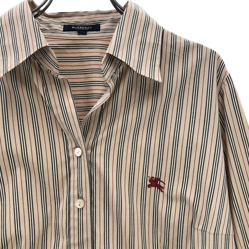BURBERRY LONDON / バーバリーロンドン | コットン ストライプ ロゴ刺しゅう オープンカラー 七分袖シャツ | 15 | レディース