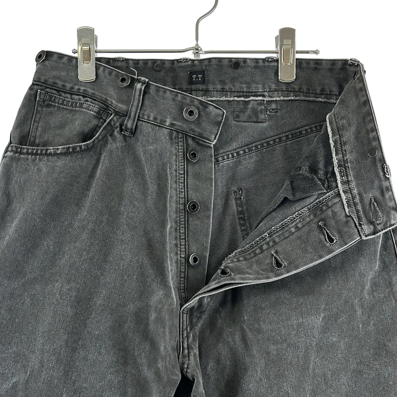 TAIGA TAKAHASHI / タイガタカハシ | LOT.209 Buckle - Backed Trousers / ブラックデニム ワイドパンツ | 30 | メンズ