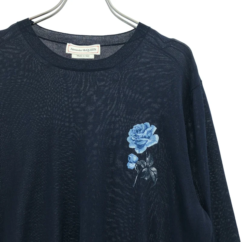 ALEXANDER MCQUEEN / アレキサンダーマックイーン | ウール レーヨン ワンポイント フラワー 刺しゅう ニット | M | メンズ
