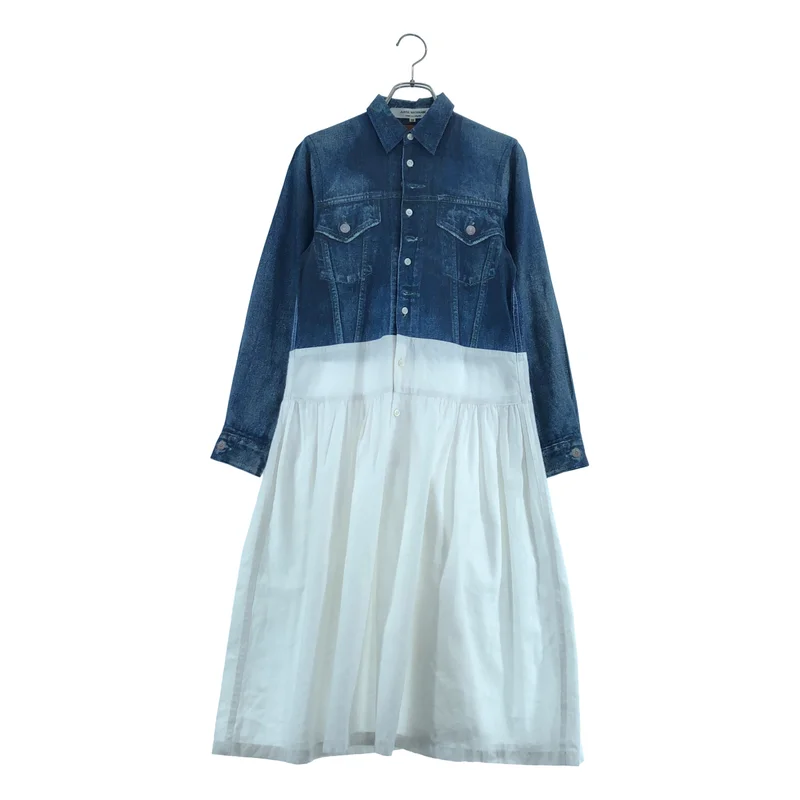 JUNYA WATANABE COMME des GARCONS / ジュンヤワタナベ | 2010SS | コットン バイカラー デニム転写  ギャザーシャツワンピース | XS | レディース