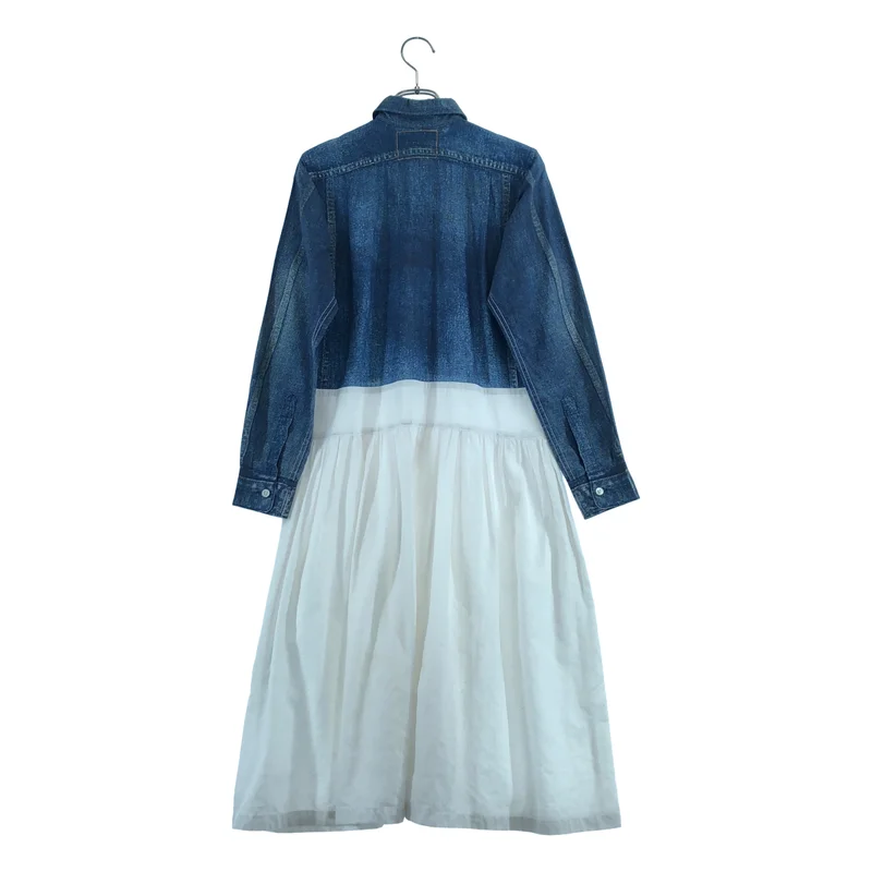 JUNYA WATANABE COMME des GARCONS / ジュンヤワタナベ | 2010SS | コットン バイカラー デニム転写  ギャザーシャツワンピース | XS | レディース