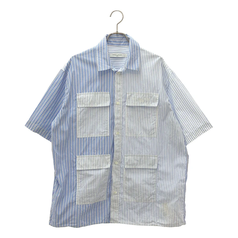 MAISON KITSUNE / メゾンキツネ | 2023AW | コットン ストライプ切り替え マルチポケット ショートスリーブシャツ | S | メンズ