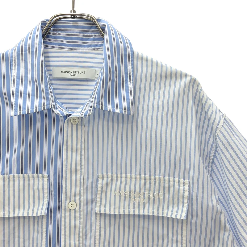 MAISON KITSUNE / メゾンキツネ | 2023AW | コットン ストライプ切り替え マルチポケット ショートスリーブシャツ | S | メンズ